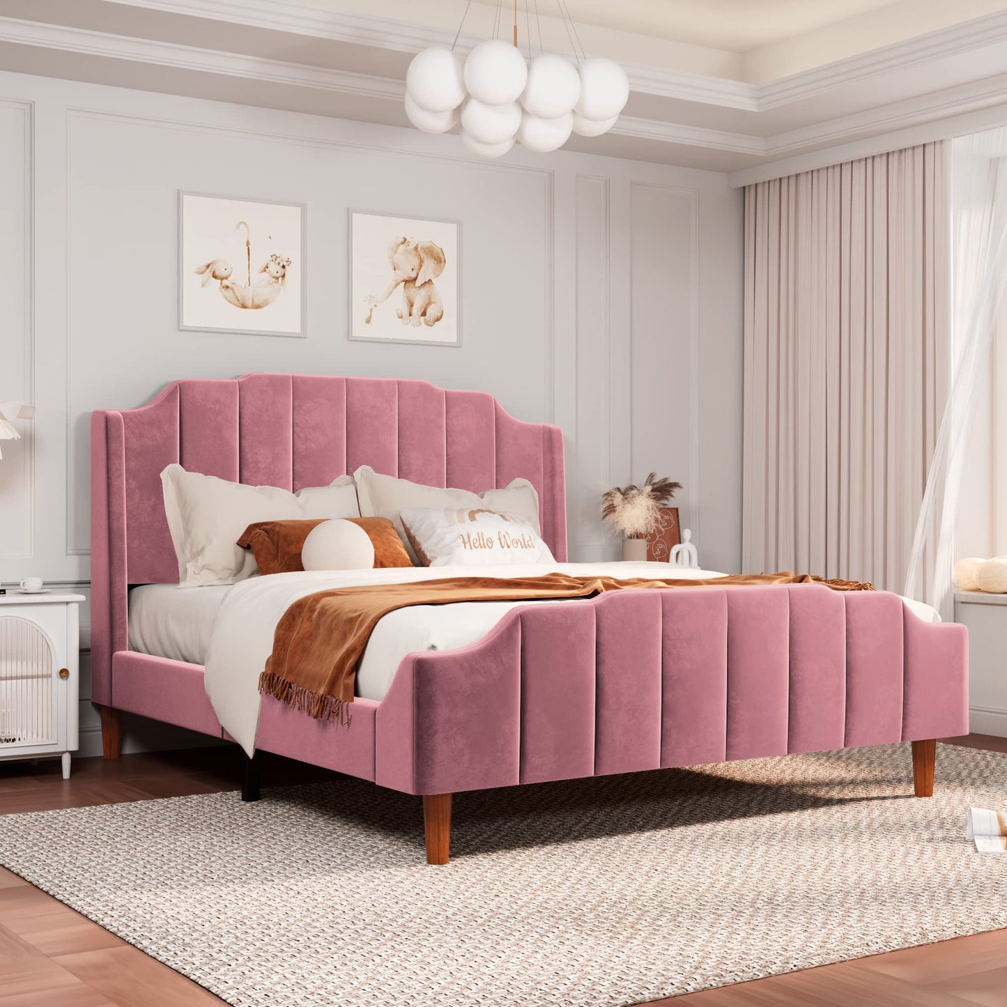 Allewie Queen Size Velvet Bed Frame Upholstered Platform Bed with Vertical Headboard and Footboard, Solid Wood Leg and Strong Slats Support, No Box Spring Needed, Easy Assembly, Blue