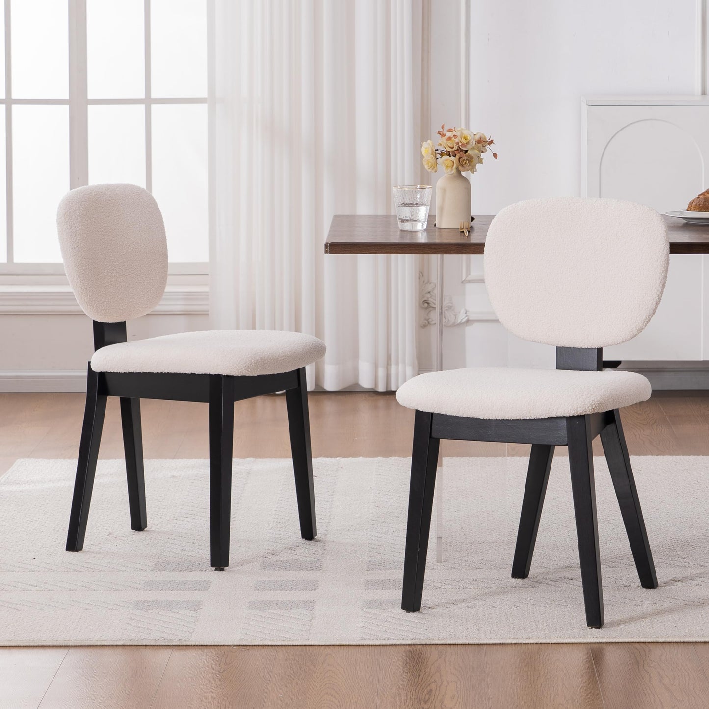 VKNOW Wooden Dining Chairs Set of 4, Mid Century Modern Upholstered Kitchen Side Chairs, Chenille Dining Room Chair with Curved Seat Backrest for Home Dining Room,Green