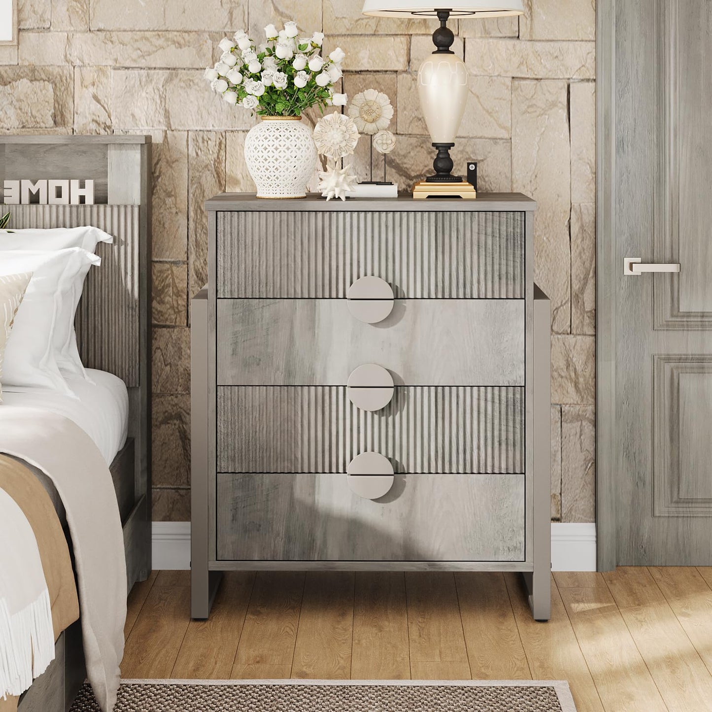 LGHM Fluted Gray Dresser for Bedroom, 50" Wide Chest of Drawers, Modern 6 Deep Drawers Dresser with Raised H Legs -Curved Profile Design, Easy Round Handles for Bedroom,Livingroom, Hallway, Gray