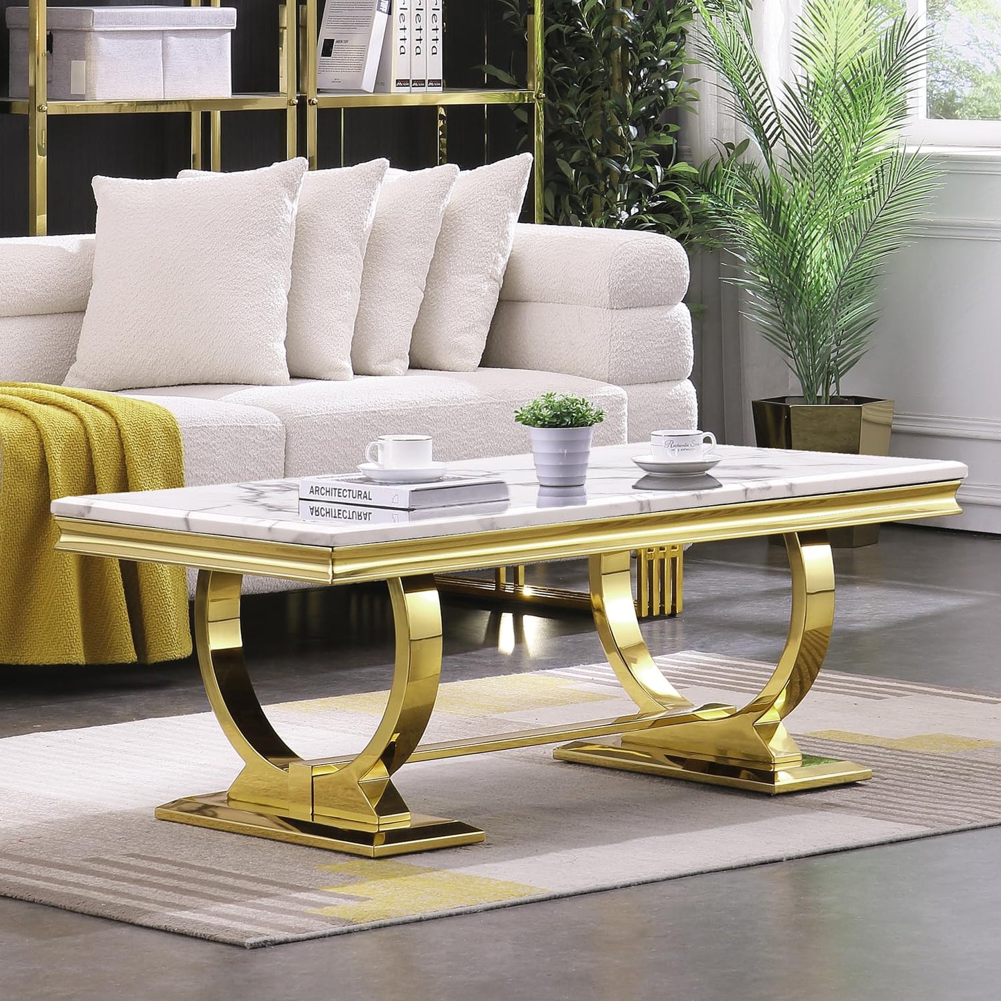 Asday Gold and White Coffee Table, Rectangle Marble Living Room Tea Table, Elegant Coffee Table for Living Room, Guest Hall, Reception Room