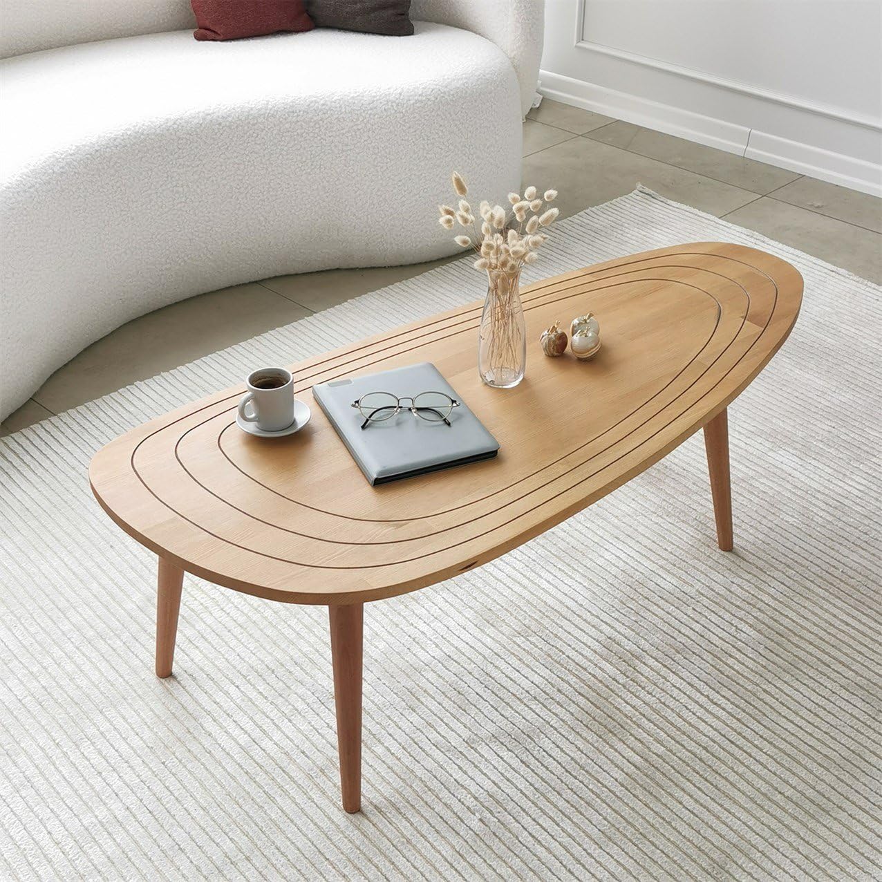 Solid Wood Oval Coffee Table, Engraved Wooden Center Table, Modern Surfboard Table, Mid Century Aesthetic Low Coffee Table, Vintage Living Room Furniture (Walnut)
