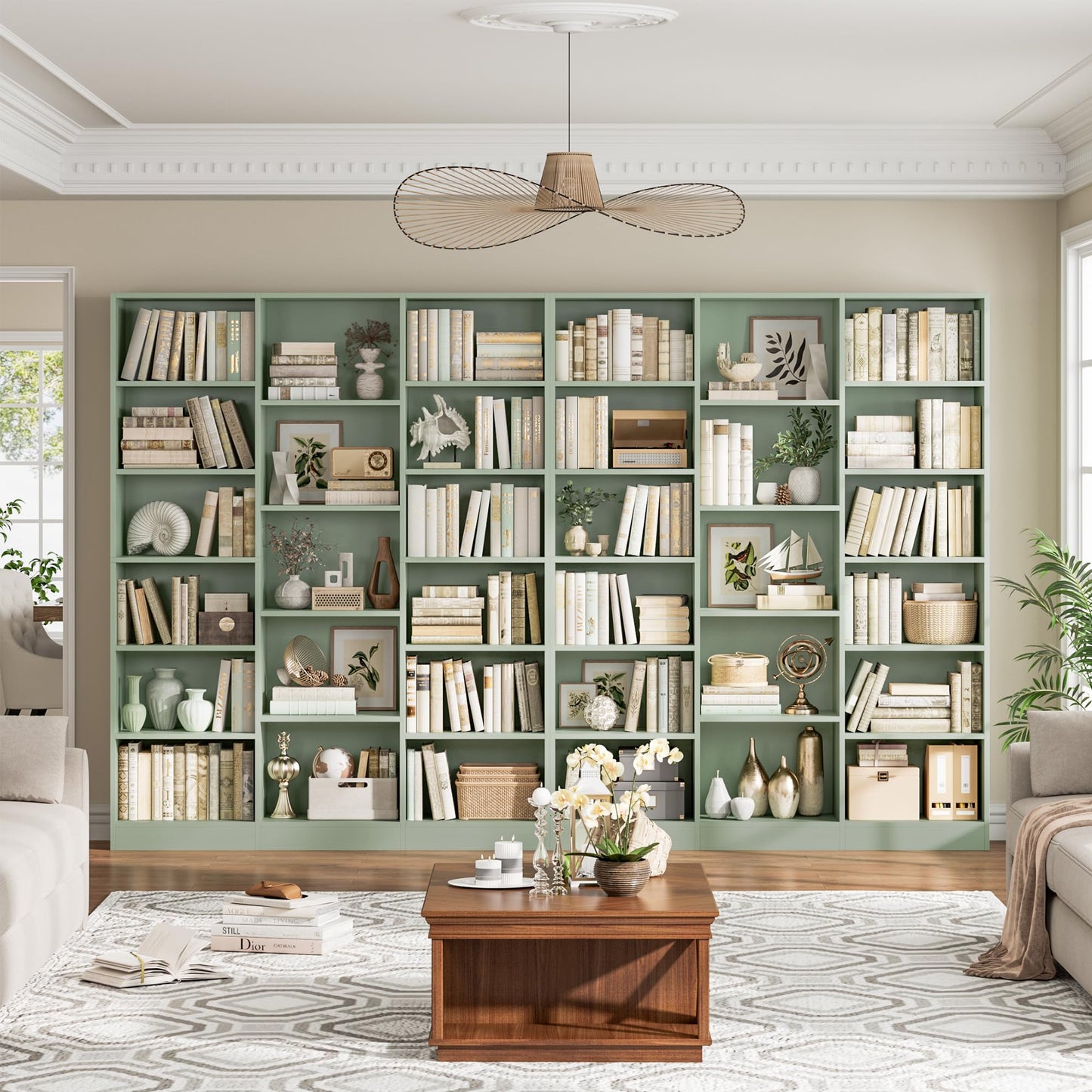 Triple Wide Bookshelf, 6 Tier Large Bookshelf, Bookcase with 17 Open Display Shelves, 74'' Tall Bookcases and Bookshelves for Living Room, Home Office, Library, White