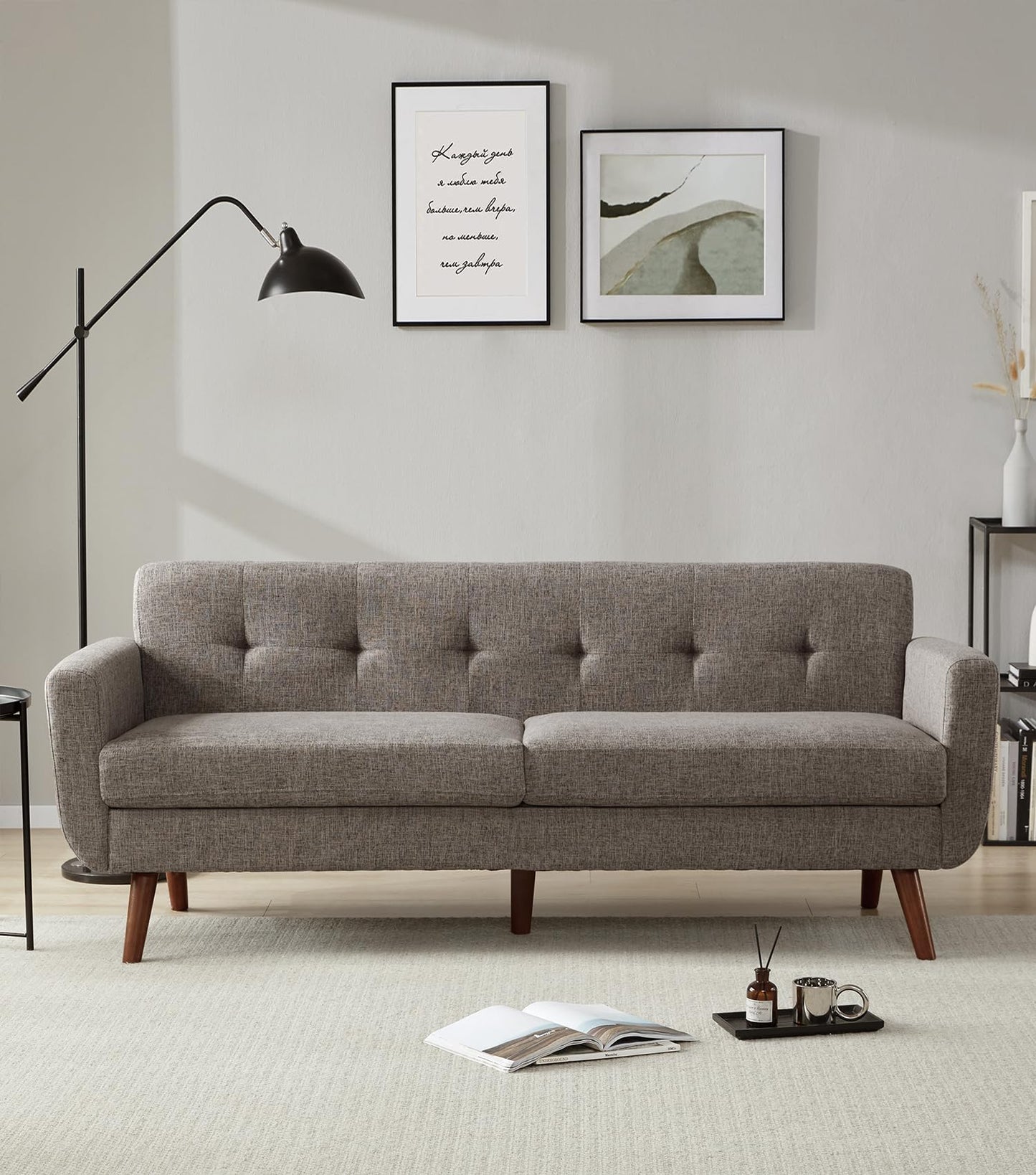 Tbfit 65" W Loveseat Sofa, Mid Century Modern Love Seat Couches for Living Room, Button Tufted Upholstered Small Couch for Bedroom, Solid and Easy to Install Love Seats Furniture, Grey