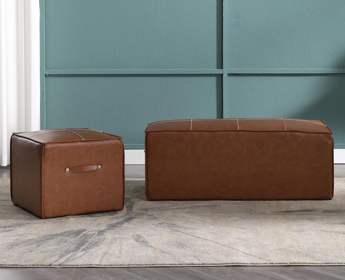 chairus Square Ottoman Upholstered PU Leather Foot Stool 18" Wx18 Dx16.25 H Ottoman Foot Rest with Handle Stool Ottoman Chair for Living Room Bedroom Decoration Kids Room, White