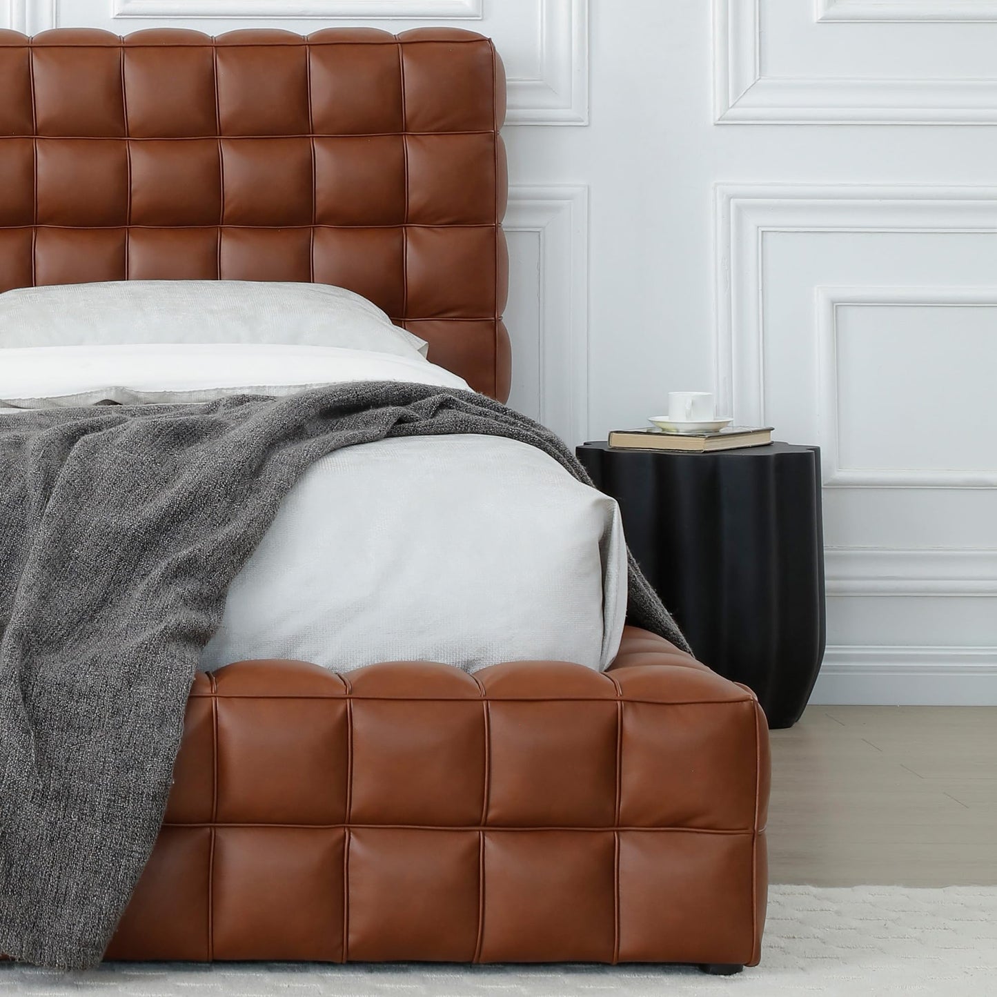 Woodpeckers Furniture And Mattress Livia Vegan Leather Upholstered Bed Frame (Brown, King)