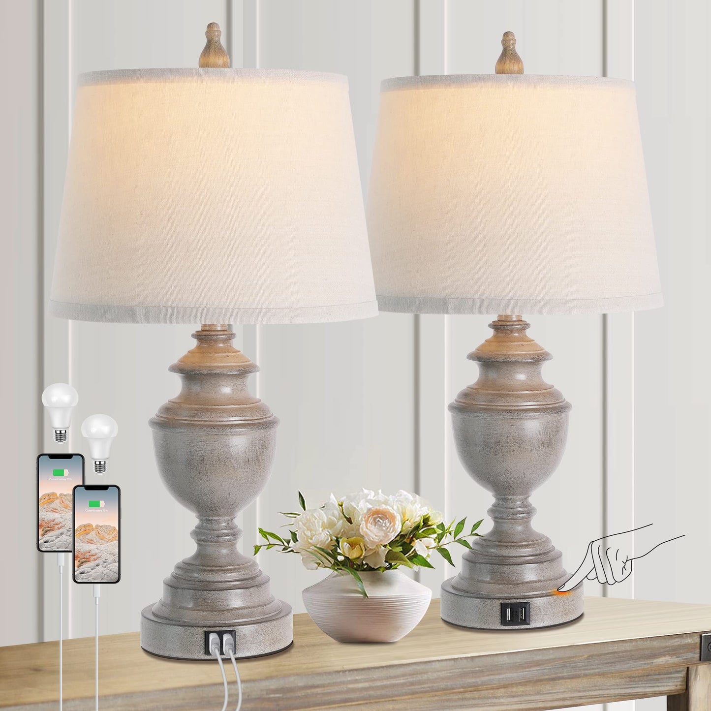 CeramicTable Lamps Set of 2 Lamps for Bedroom Living Room Office 26" Rotary Coastal Bedside Lamp for Nightstand with 2 USB Ports 3-Colors