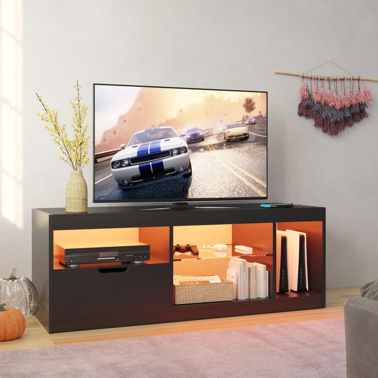 JUMMICO TV Stand, Modern Lighting TV Cabinet Entertainment Center Media and Open Shelf, TV Console Table with 1 Drawer and Remote Control, 20 Color LED Lights up to 70 Inch TV (White)