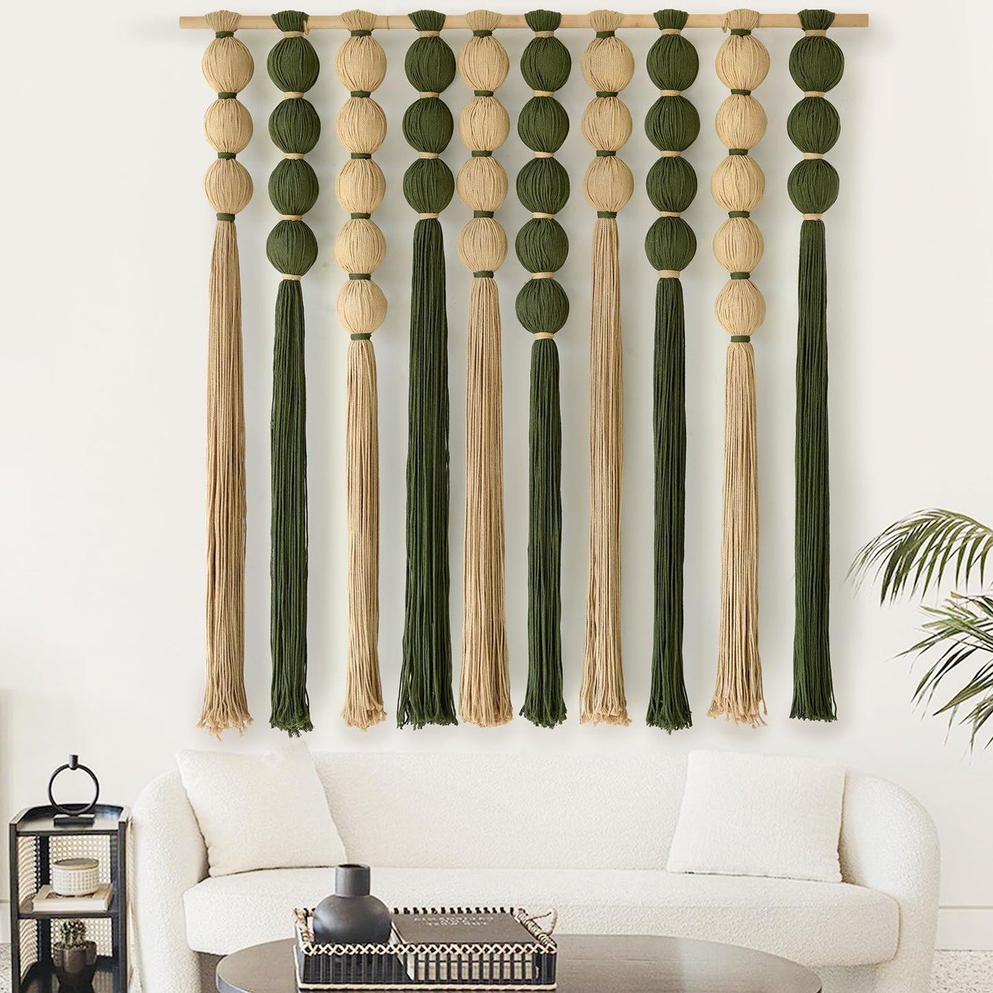 IOWER Macrame Wall Hanging Brown Yarn Beaded Backdrop Boho Wall Decor Round Tassel Home Wall Aesthetic Living Rooms Bedrooms Offices Geometric Art Chic Home Decor 39" W x 55" L