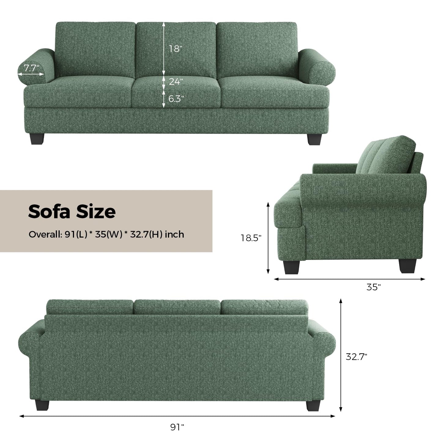 91 Inch Lawson Sofa with Extra Deep Seats Oversize, Mid-Century 3-Seat Sofa Couch, for Living Room, Apartment, Lounge, Dark Blue