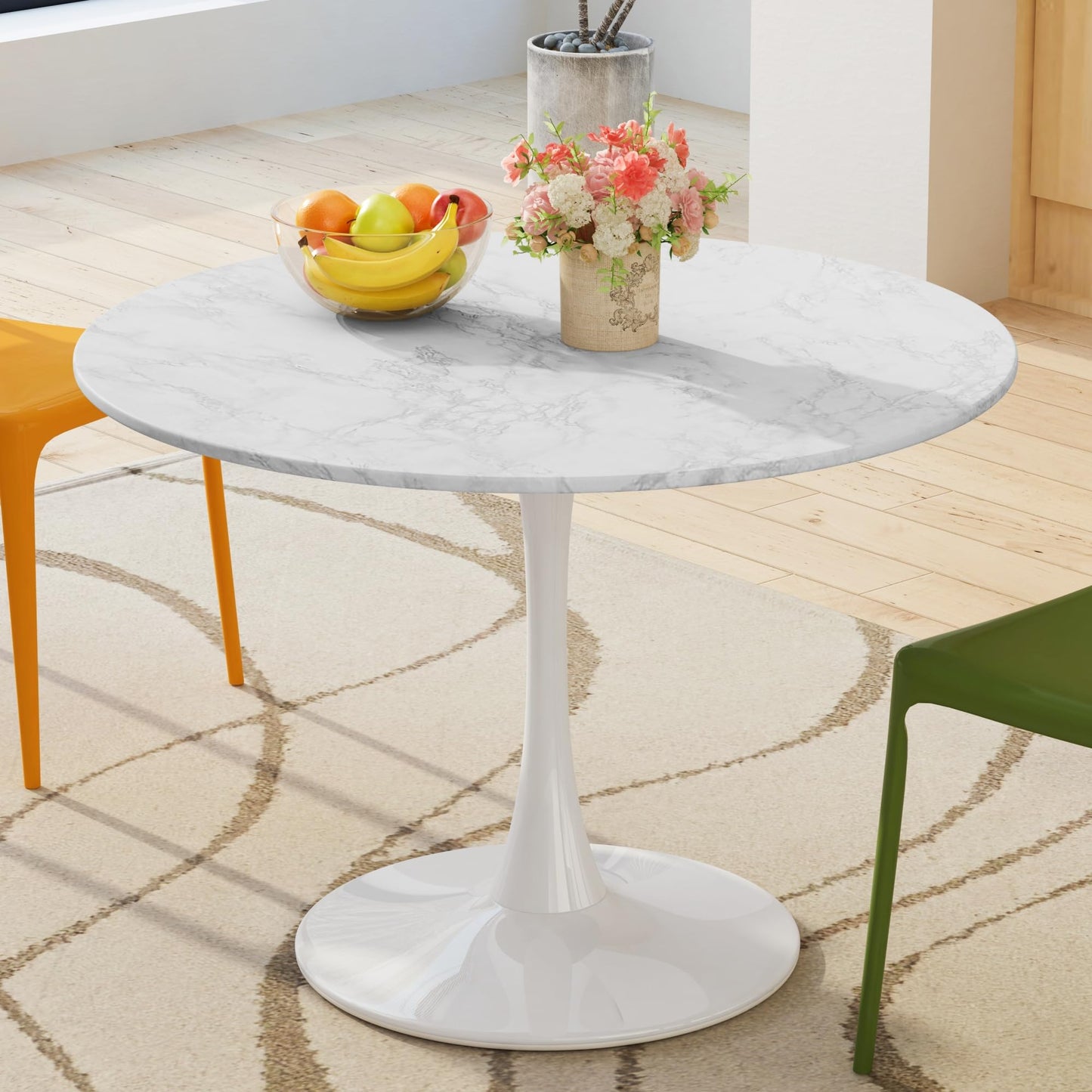 DKLGG 42" Modern Round Dining Table with MDF Top, Metal Base Pedestal Tulip Kitchen Table for 4-6 Person, Small Space Home, End Leisure Coffee Table, White