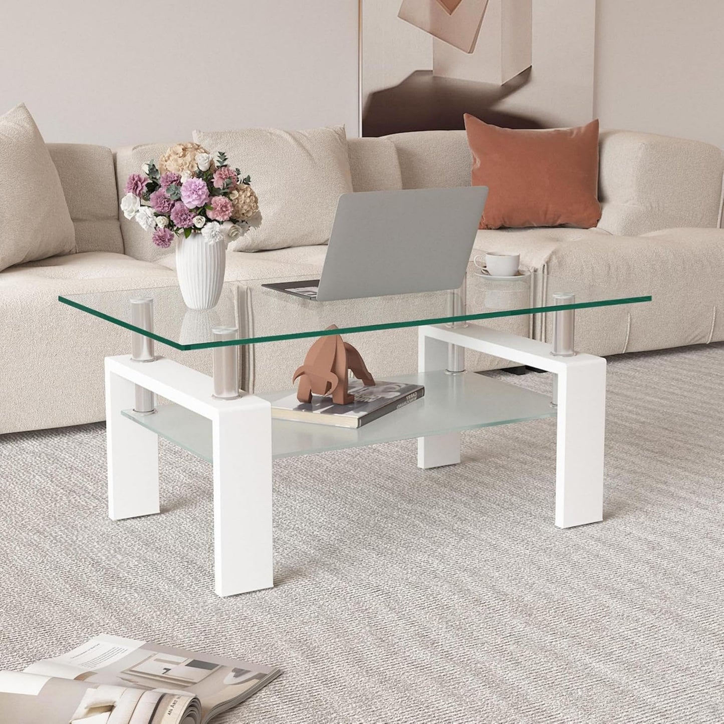 Meihua Tempered Glass Coffee Table for Living Room, Clear Center Table with 0.47 inch Tempered Glass, Transparent Modern Coffee Table