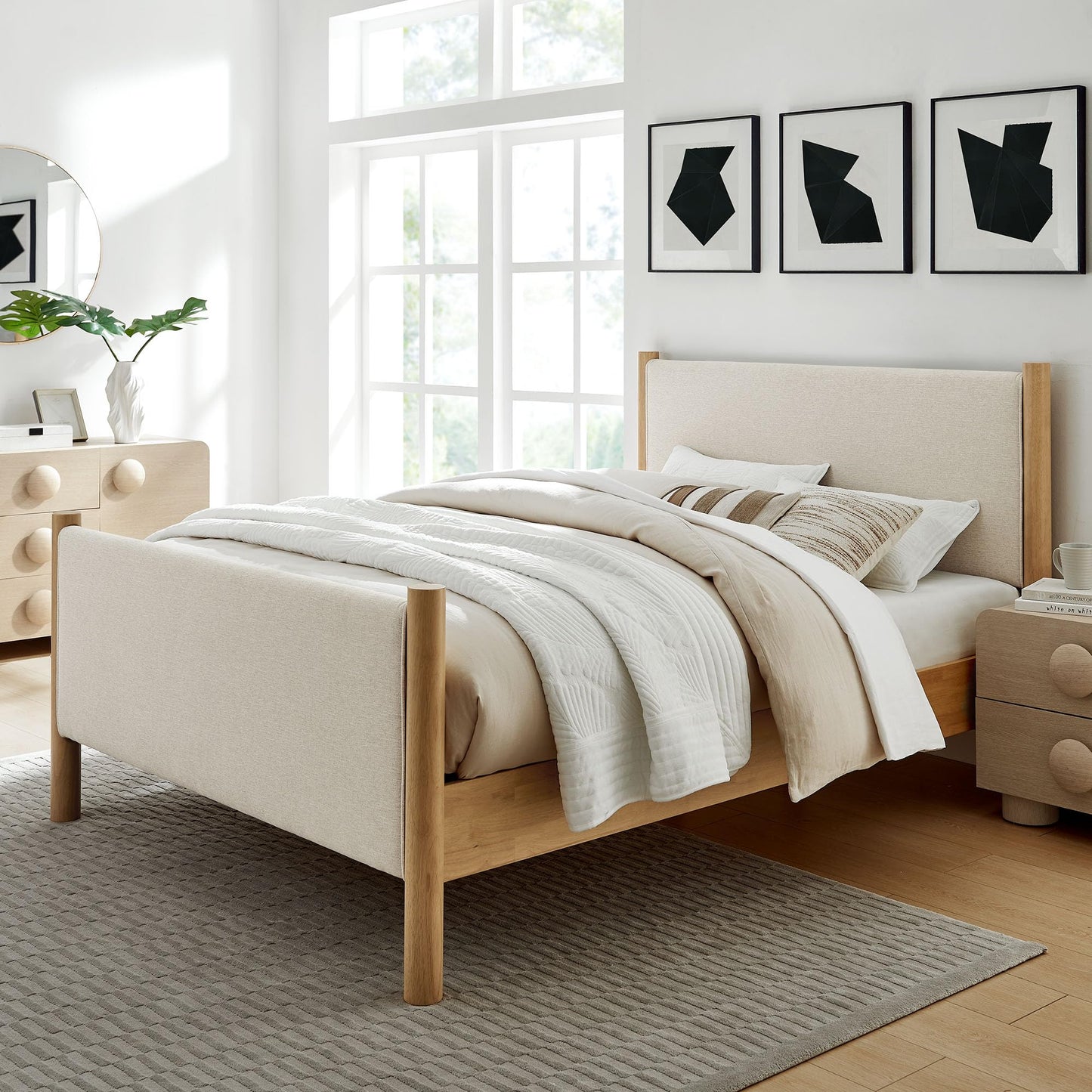 Modway Maven King Size Bed Frame in Tan Walnut with Faux Leather Upholstered Headboard and Footboard – Wood King Platform Bed Frame – No Box Spring Needed