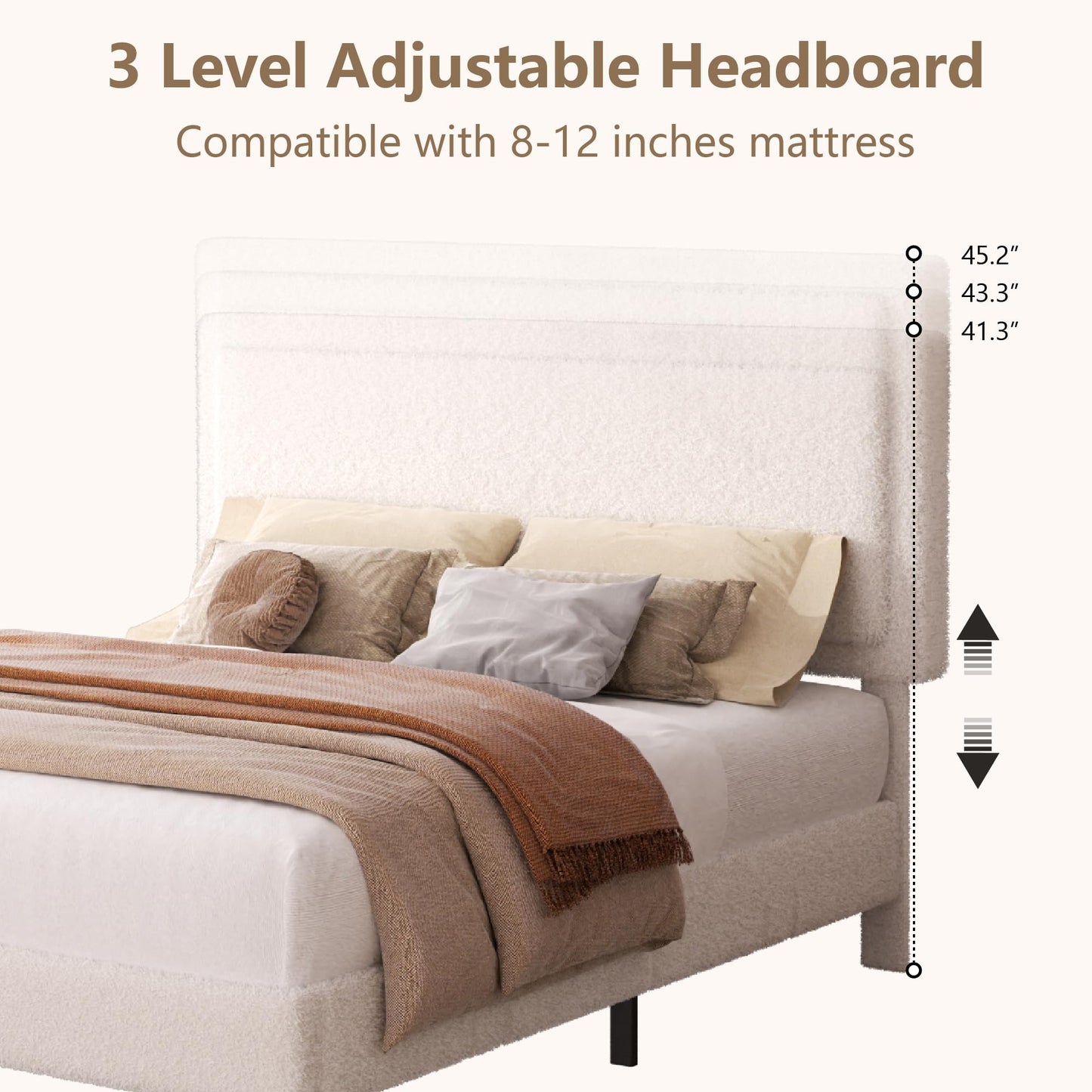 King Size Bed Frame and Headboard, Boucle Upholstered Platform Cloud Bed Frame with Headboard, Soft Teddy Fabric, Modern Style, No Box Spring Required, Easy Assembly, Blue-Black