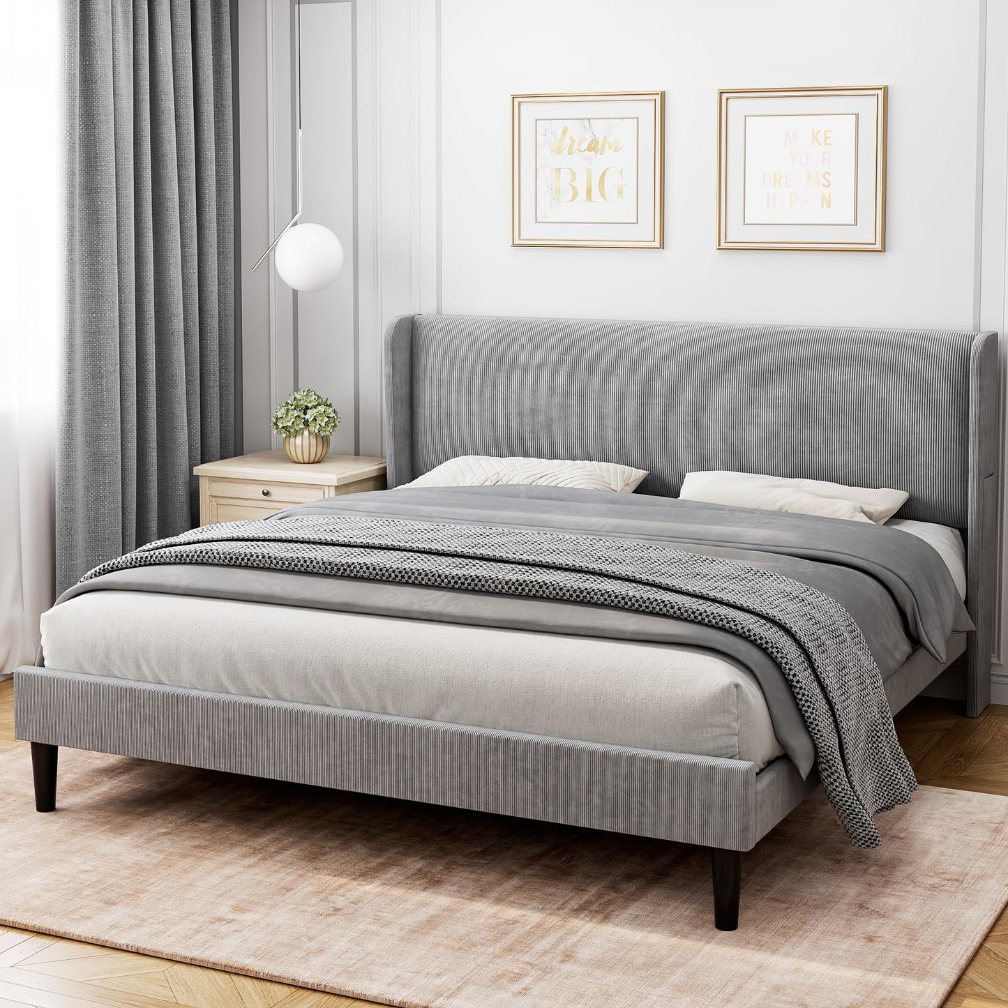 IDEALHOUSE King Upholstered Bed Frame with Wingback Headboard, Luxurious Velvet Upholstery Platform Bed, Wooden Slat Support, and Easy Assembly - Box Spring Optional, Light Gray