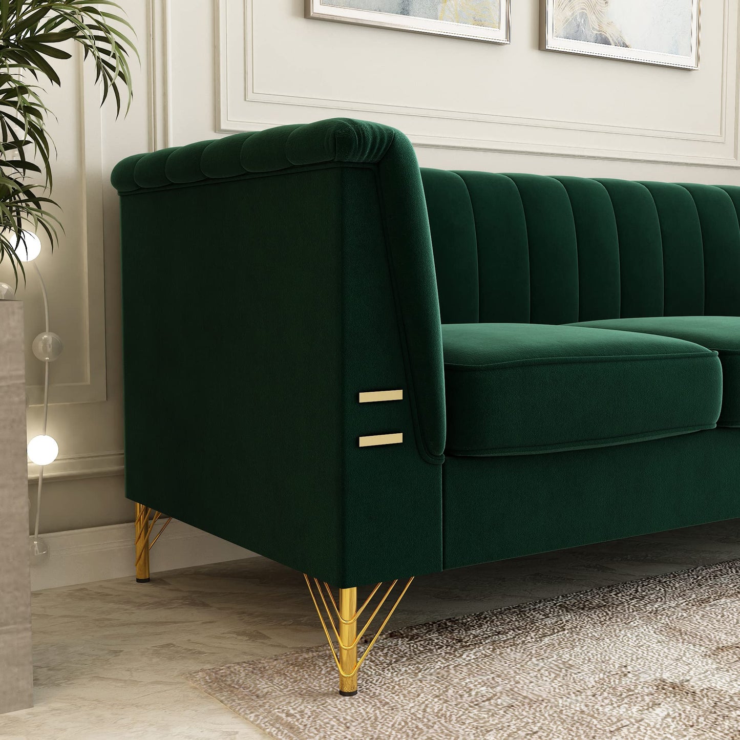 85.63" Velvet Sofa,Modern Loveseat Couch with Pillows Set of 2 for Living Room,Bedroom,Apartment Furniture with Gold Metal Legs (Green)