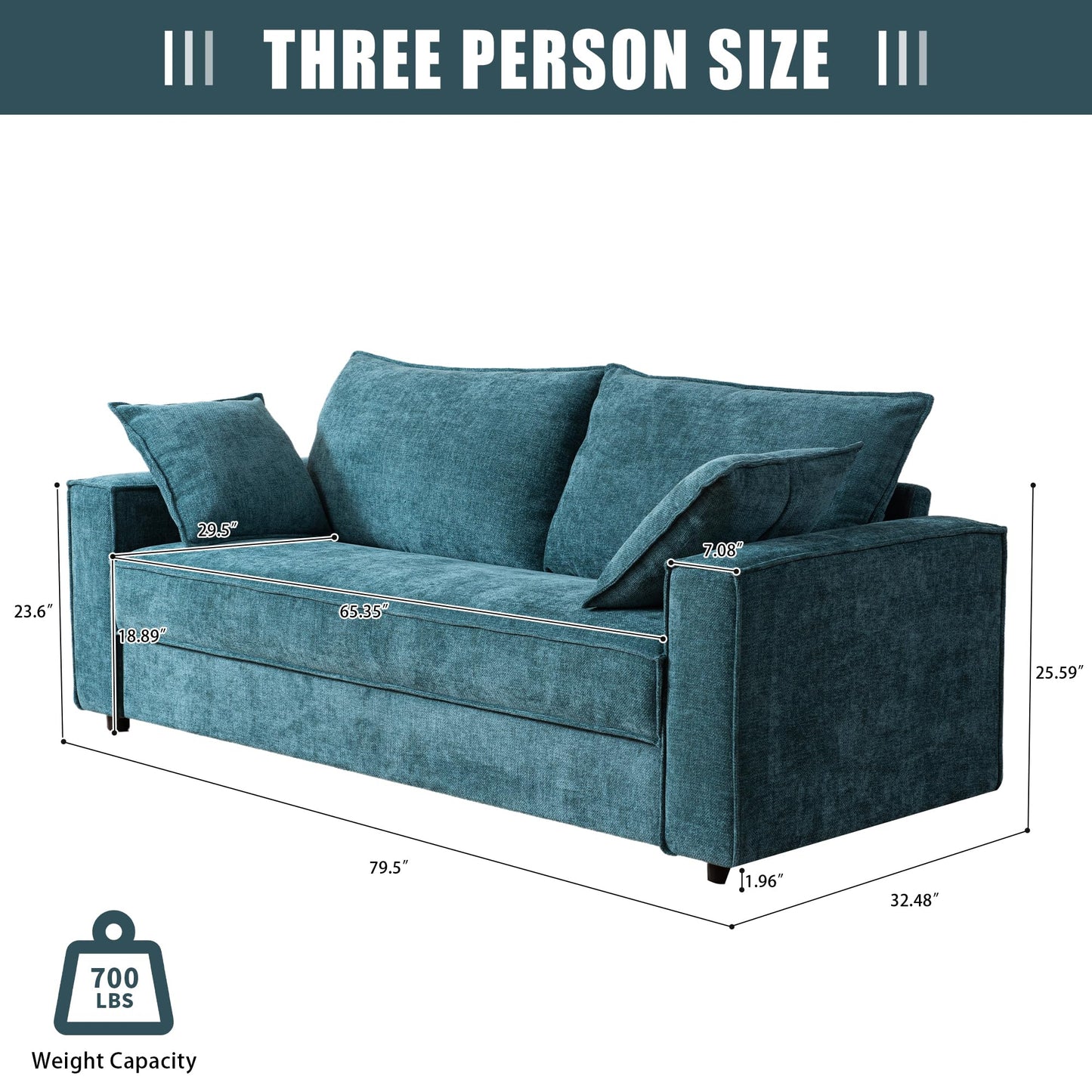 PINJU Three Person Sofa with Wide Upholstered Chaise Lounge Sofa, Linen Fabric, Easy to Assemble, No Noise (Turquoise)