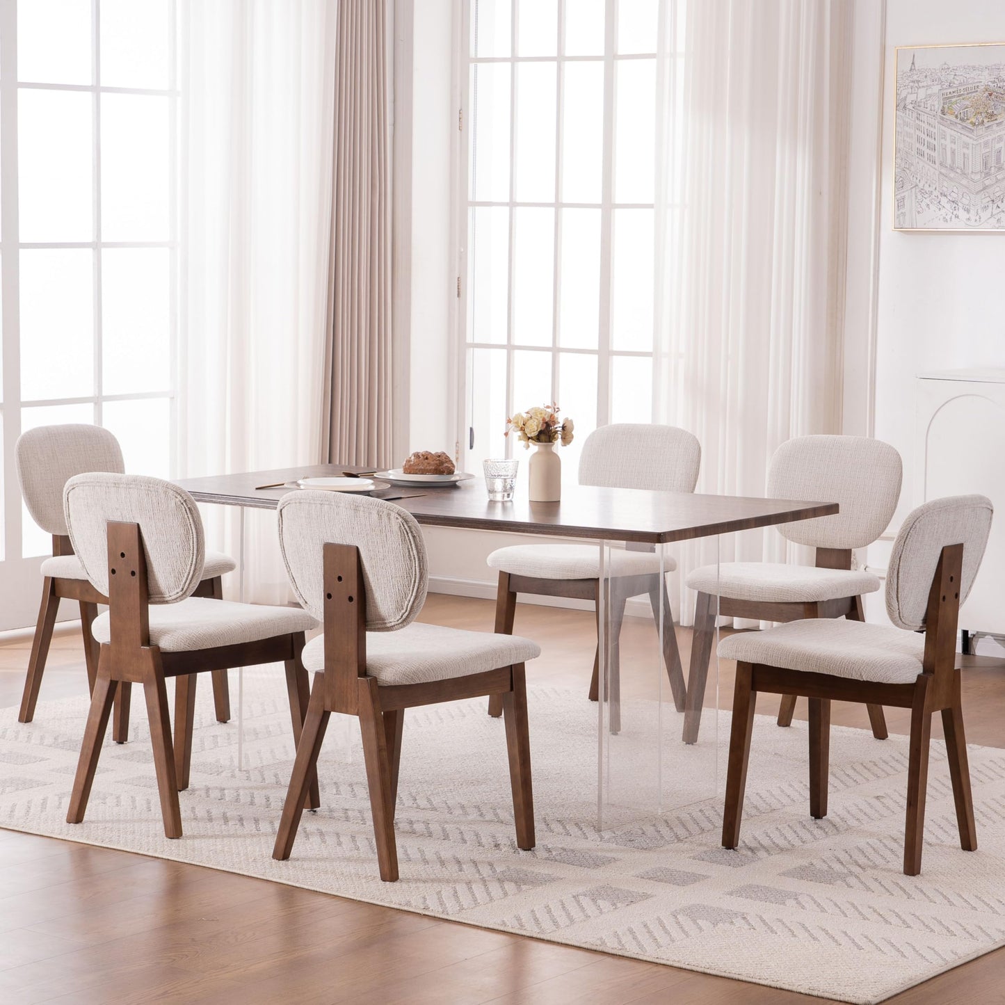 VKNOW Wooden Dining Chairs Set of 4, Mid Century Modern Upholstered Kitchen Side Chairs, Chenille Dining Room Chair with Curved Seat Backrest for Home Dining Room,Green