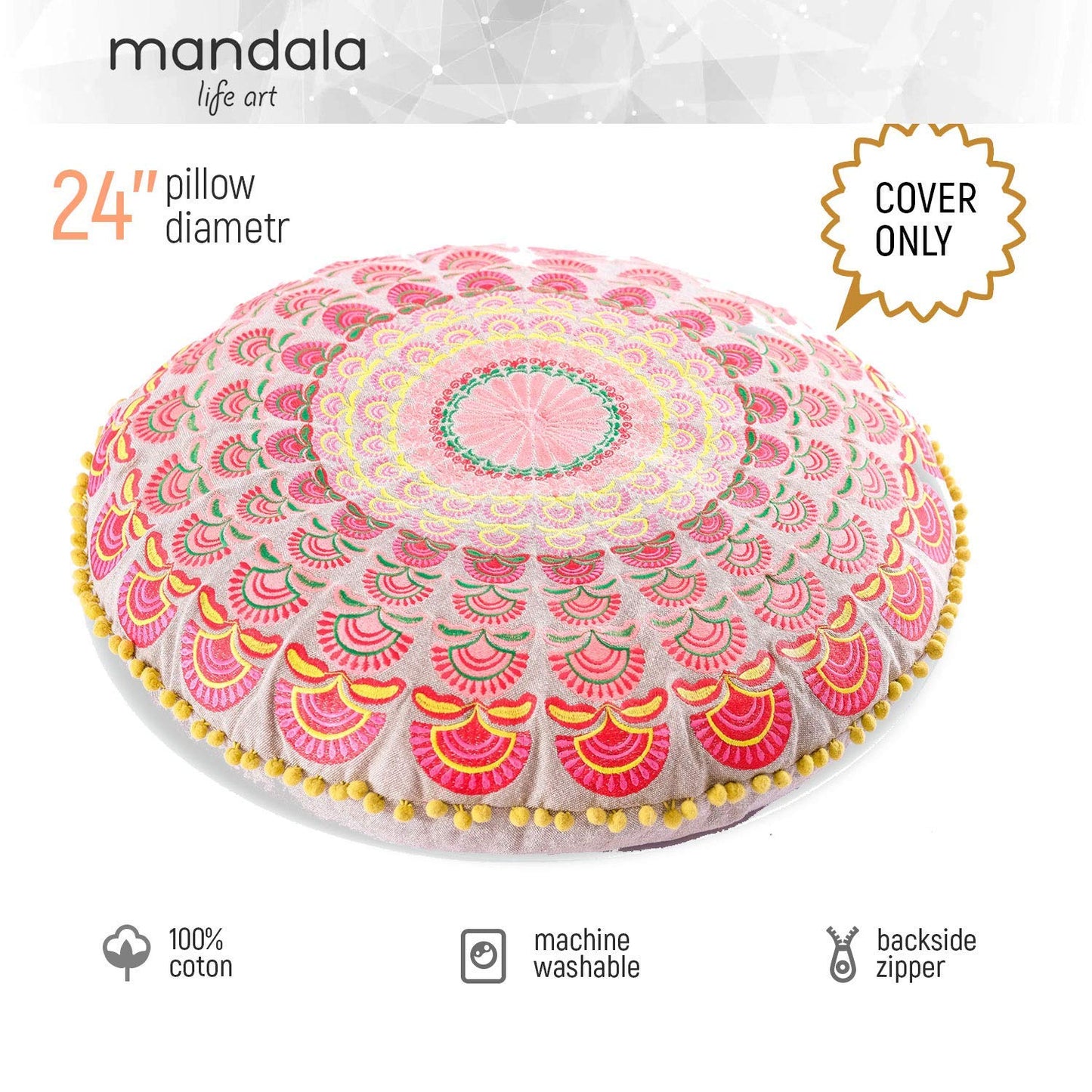 Large Round Floor Pillow Cover Blue Indian Décorative Accent Meditation Cushion Perfect for Living Room, Bedroom, Nursary or Children Room Seating Area Stool Footstool Pouf Ottoman 24x8 Unstuffed