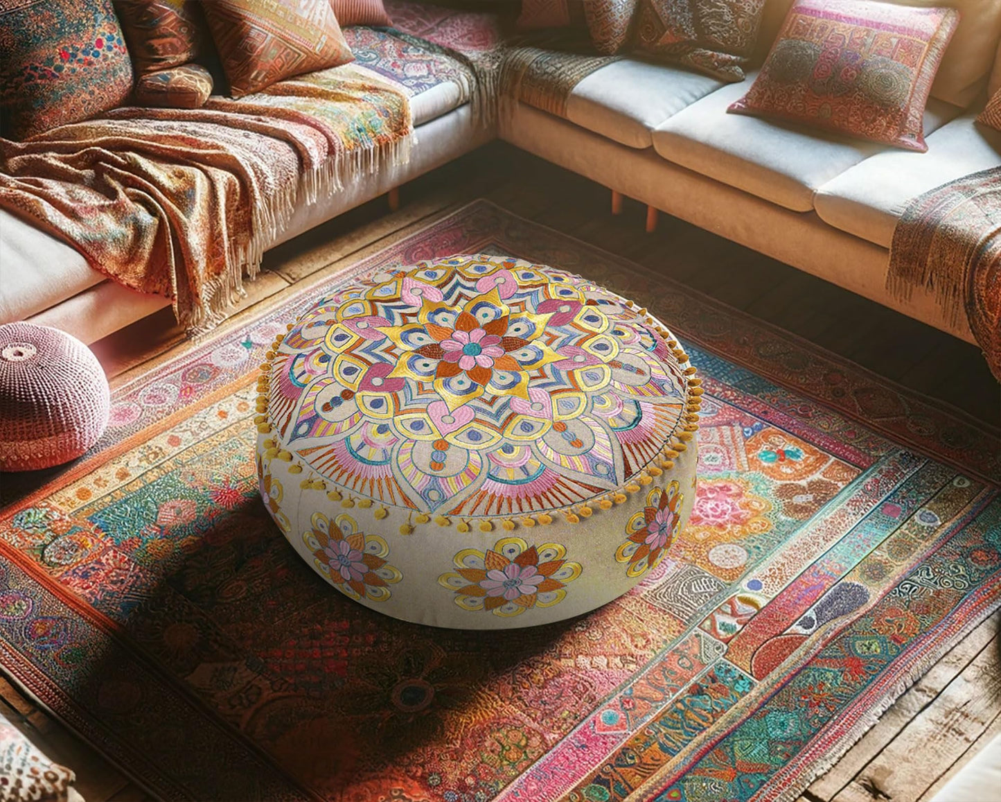 Large Round Floor Pillow Cover Blue Indian Décorative Accent Meditation Cushion Perfect for Living Room, Bedroom, Nursary or Children Room Seating Area Stool Footstool Pouf Ottoman 24x8 Unstuffed