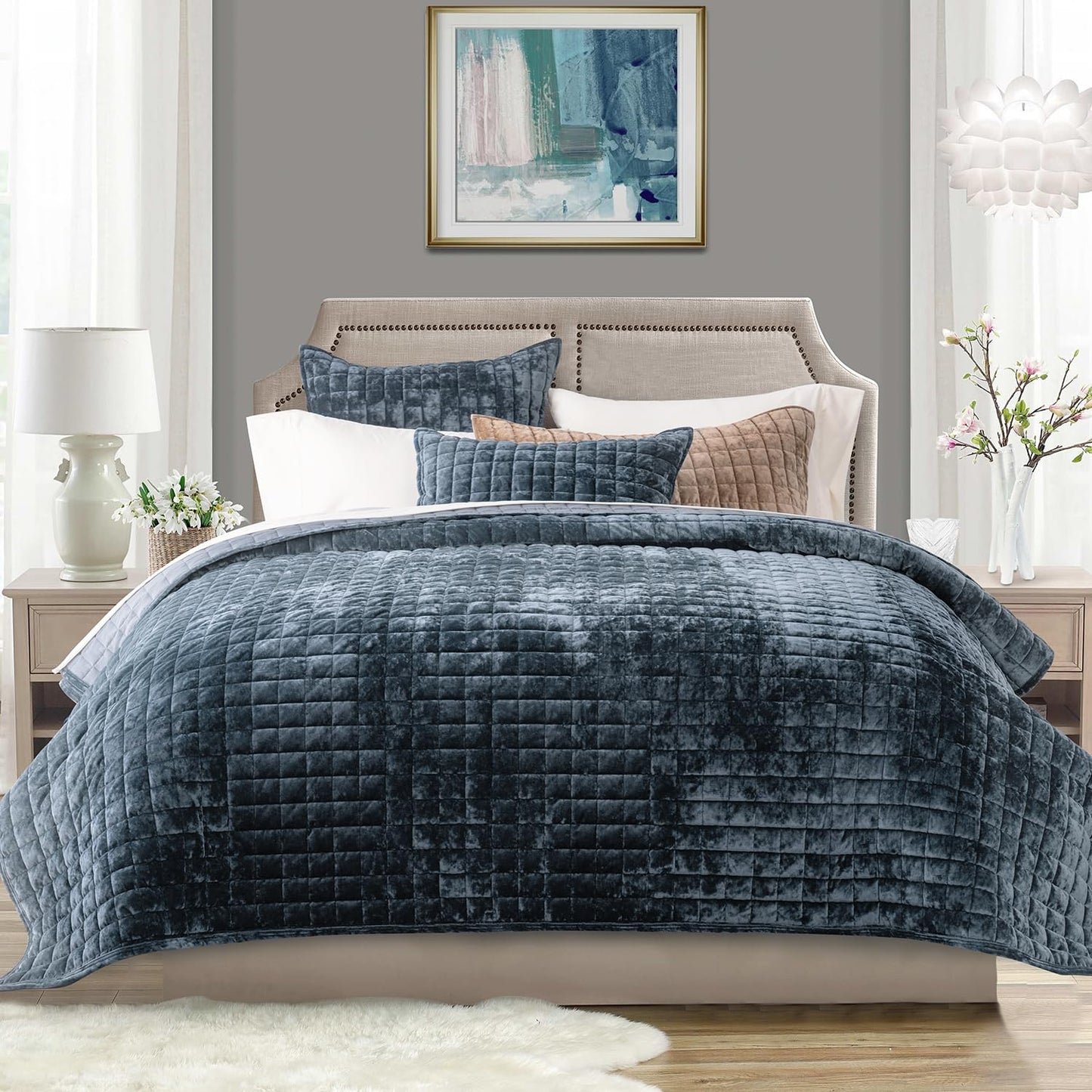 RECYCO Luxury Velvet Quilt Set King Size, Lightweight Velvet Comforter Set, Oversized Bedspread Coverlet Quilted Bedding Set, with 2 Matching Pillow Shams, for All Season, Navy Blue