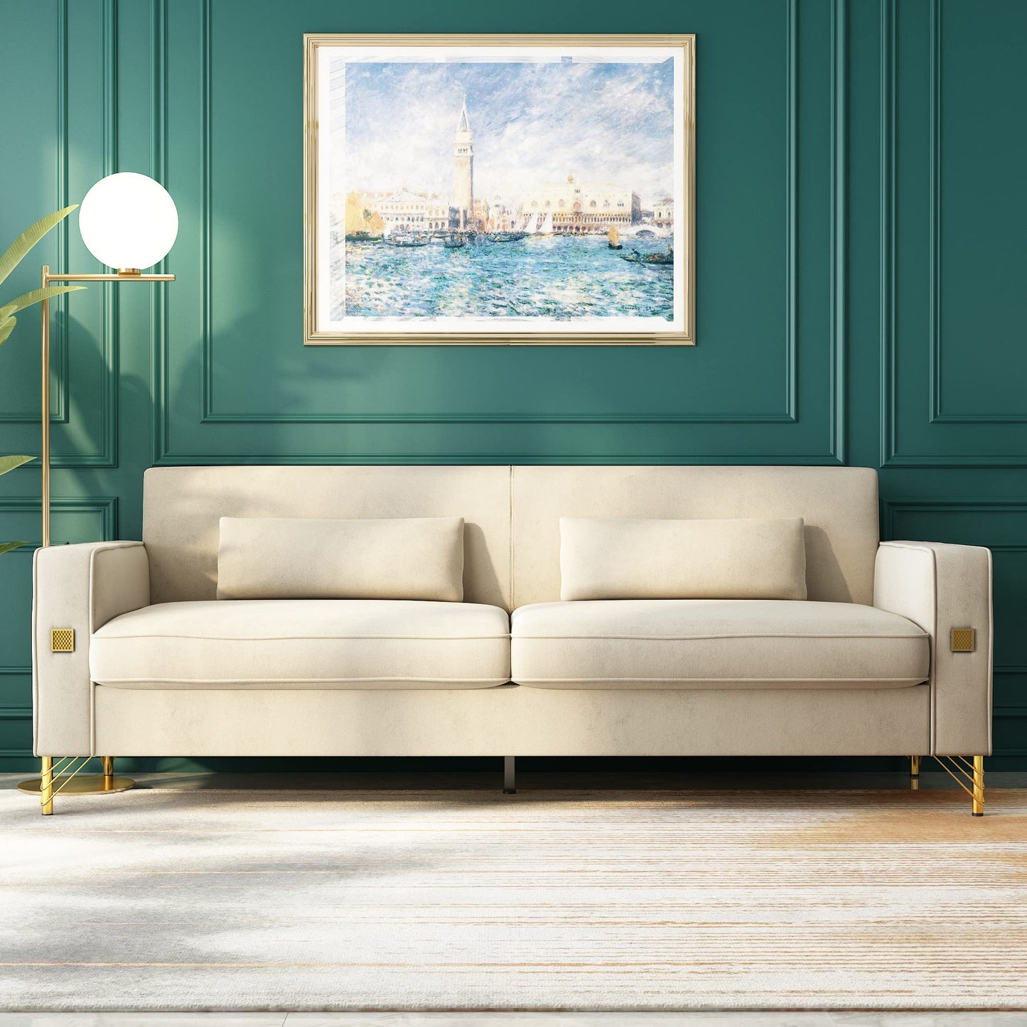 85.63" Velvet Sofa,Modern Loveseat Couch with Pillows Set of 2 for Living Room,Bedroom,Apartment Furniture with Gold Metal Legs (Green)