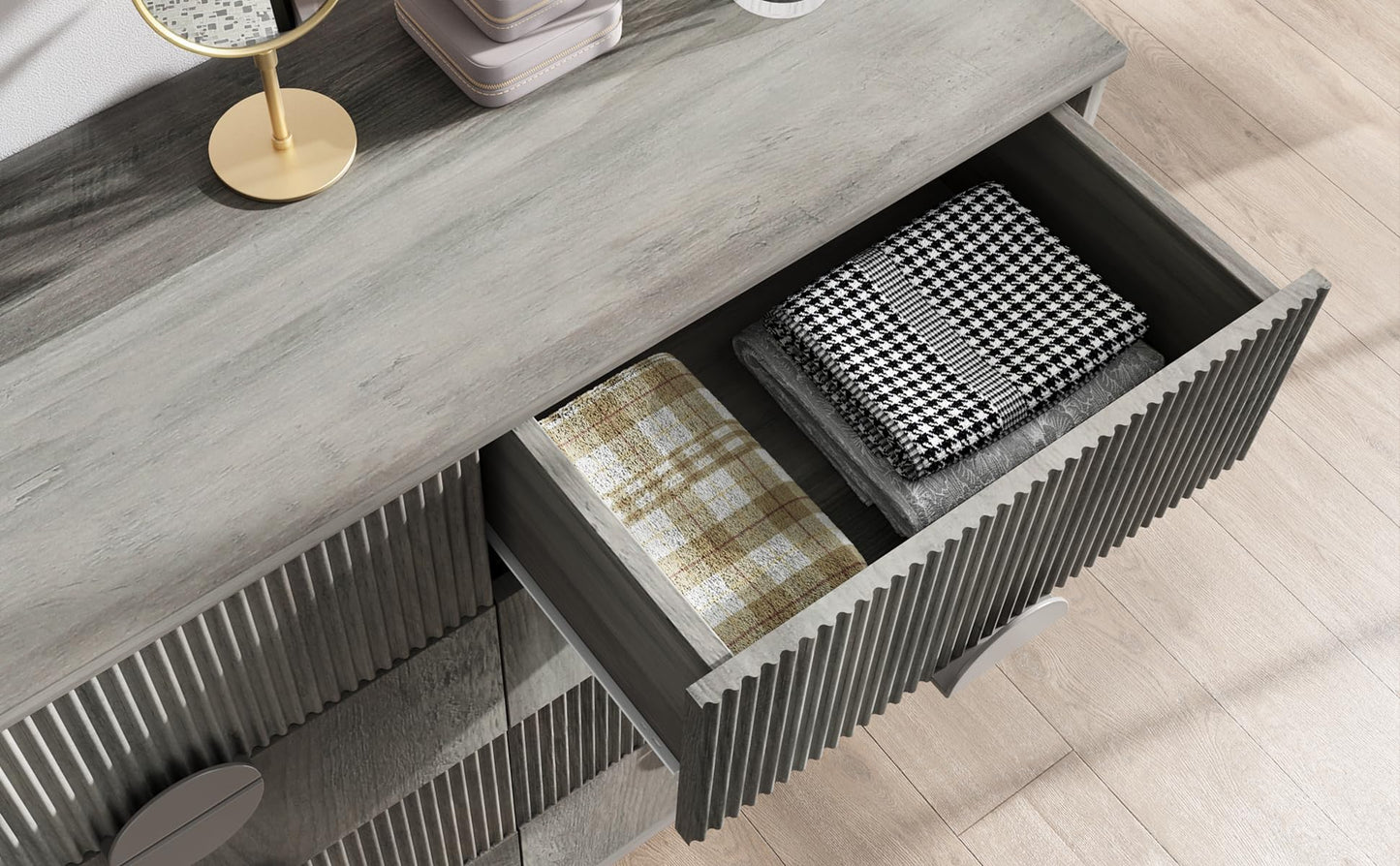 LGHM Fluted Gray Dresser for Bedroom, 50" Wide Chest of Drawers, Modern 6 Deep Drawers Dresser with Raised H Legs -Curved Profile Design, Easy Round Handles for Bedroom,Livingroom, Hallway, Gray