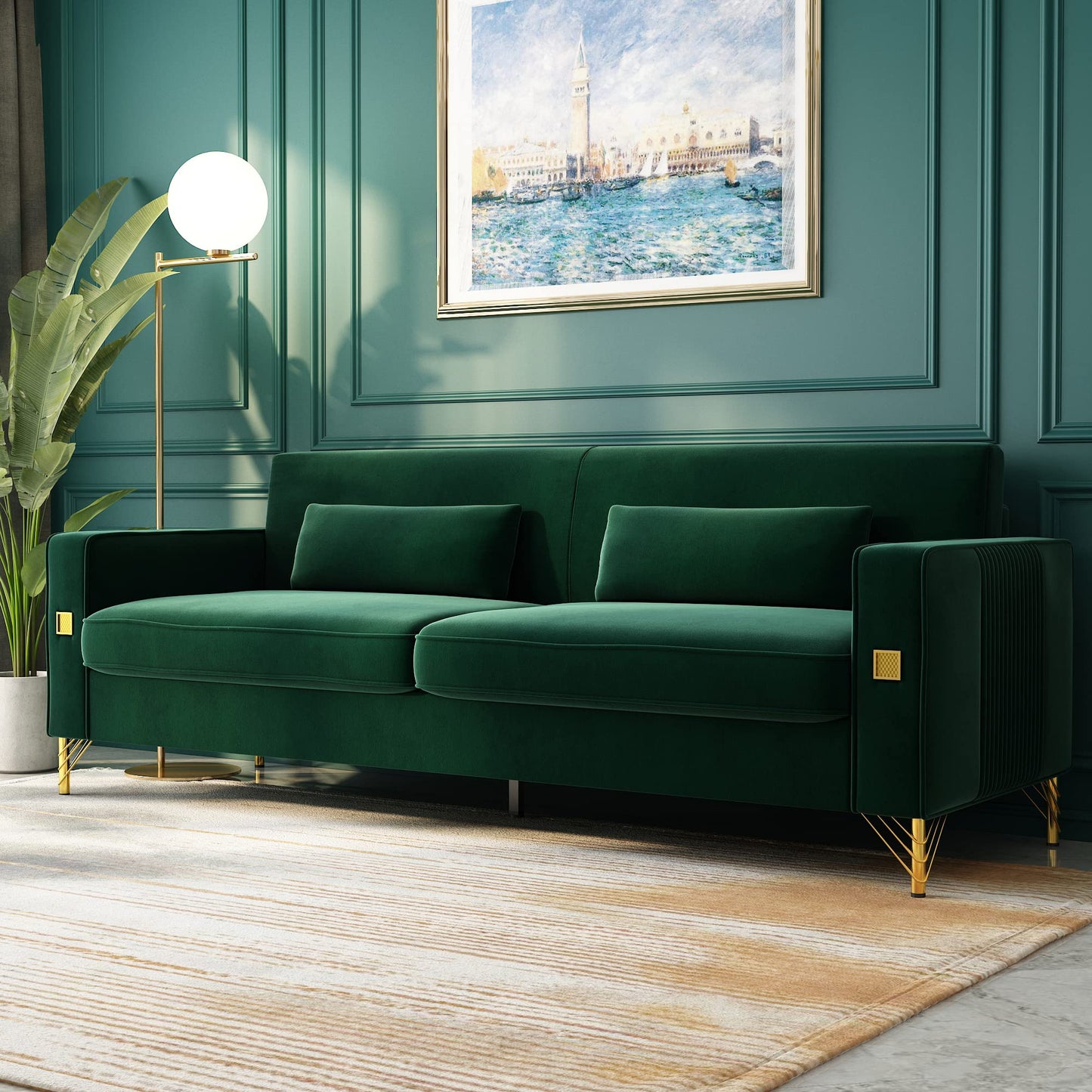 85.63" Velvet Sofa,Modern Loveseat Couch with Pillows Set of 2 for Living Room,Bedroom,Apartment Furniture with Gold Metal Legs (Green)