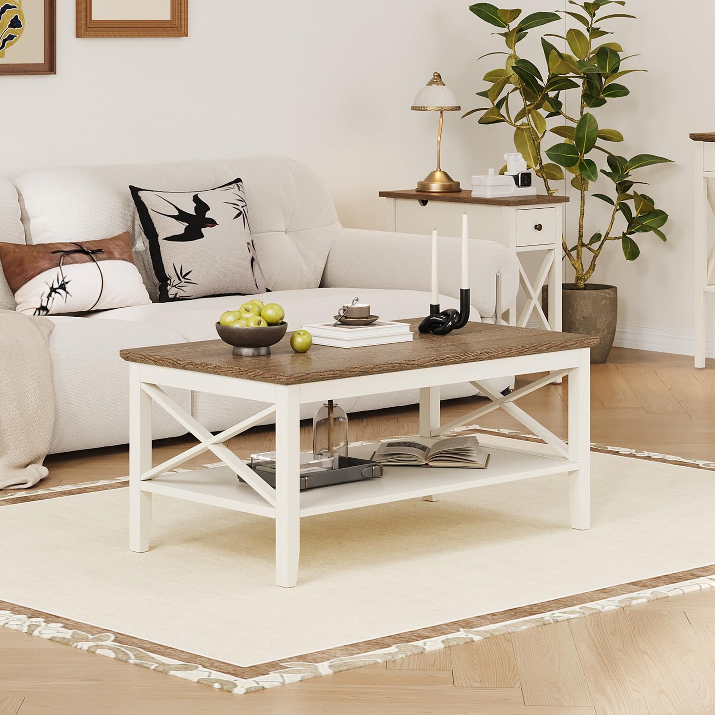ChooChoo White Coffee Table Classic X Design for Living Room, Rectangular Modern Cocktail Table with Storage Shelf, 39 Inch