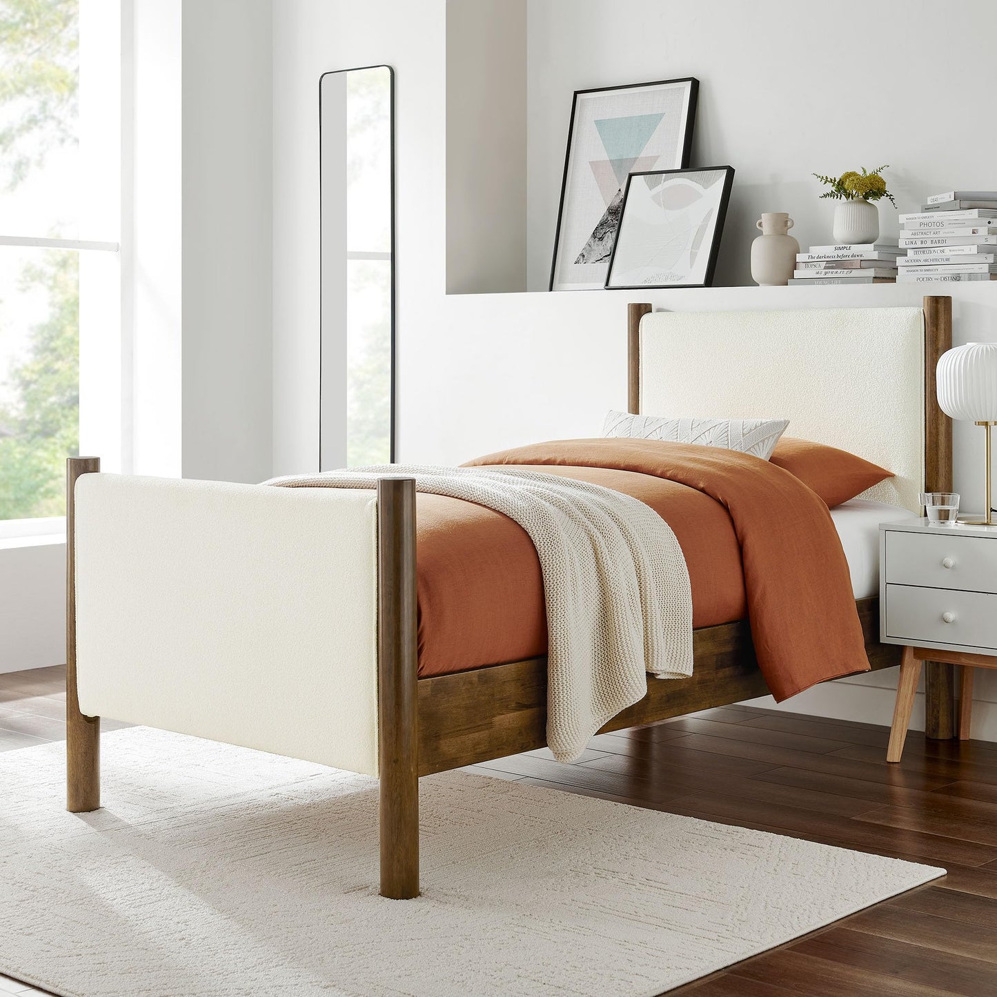 Modway Maven King Size Bed Frame in Tan Walnut with Faux Leather Upholstered Headboard and Footboard – Wood King Platform Bed Frame – No Box Spring Needed
