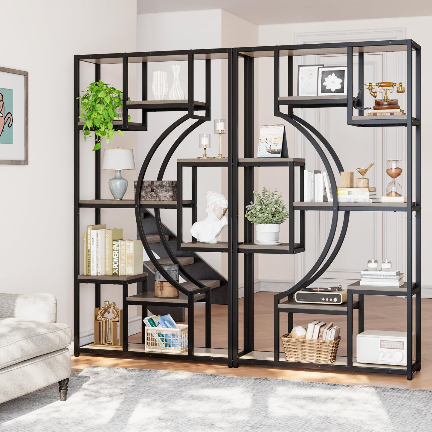 70.8" Tall Bookshelf Set of 2, 79" Wide Geometric Display Shelf with 18 Open Storage Shelves, Scratch-Resistant Gray Wash & Metal Frame, for Living Room, Office, Bedroom – Anti-Tip & Adjustable Feet