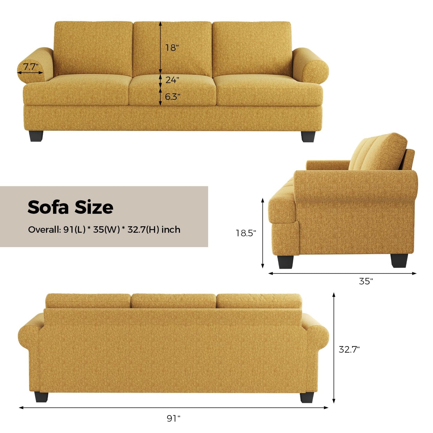 91 Inch Lawson Sofa with Extra Deep Seats Oversize, Mid-Century 3-Seat Sofa Couch, for Living Room, Apartment, Lounge, Dark Blue