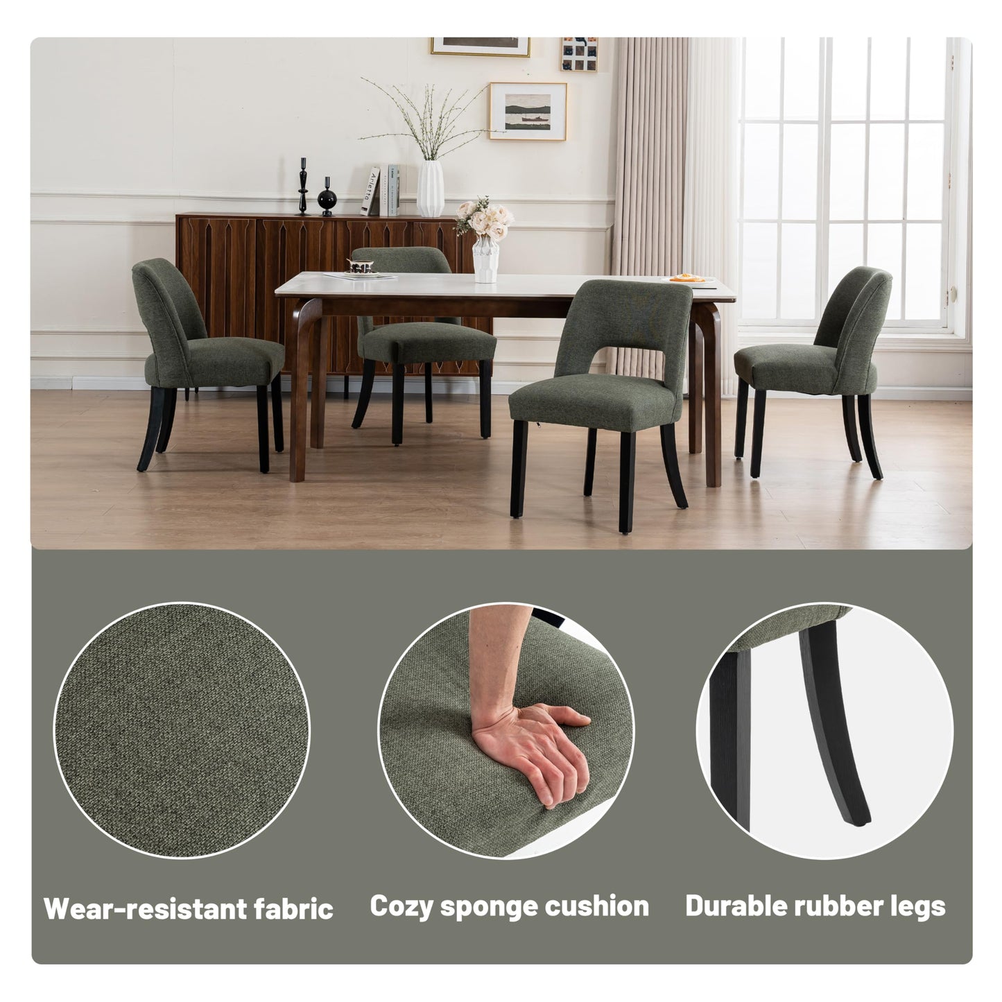 VKNOW Wooden Dining Chairs Set of 2, Modern Fabric Upholstered Dining Room Chair Kitchen Chairs, Farmhouse Dinner Chair for Kitchen Dining Room, Beige-Black Legs