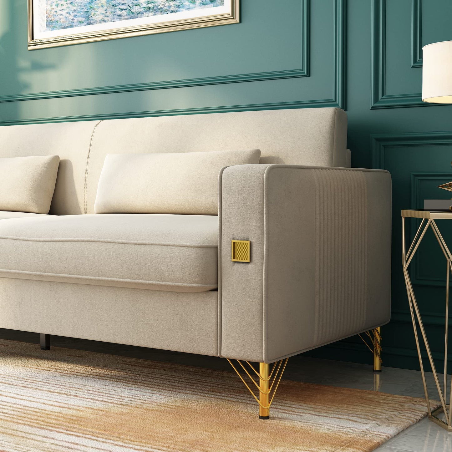 85.63" Velvet Sofa,Modern Loveseat Couch with Pillows Set of 2 for Living Room,Bedroom,Apartment Furniture with Gold Metal Legs (Green)