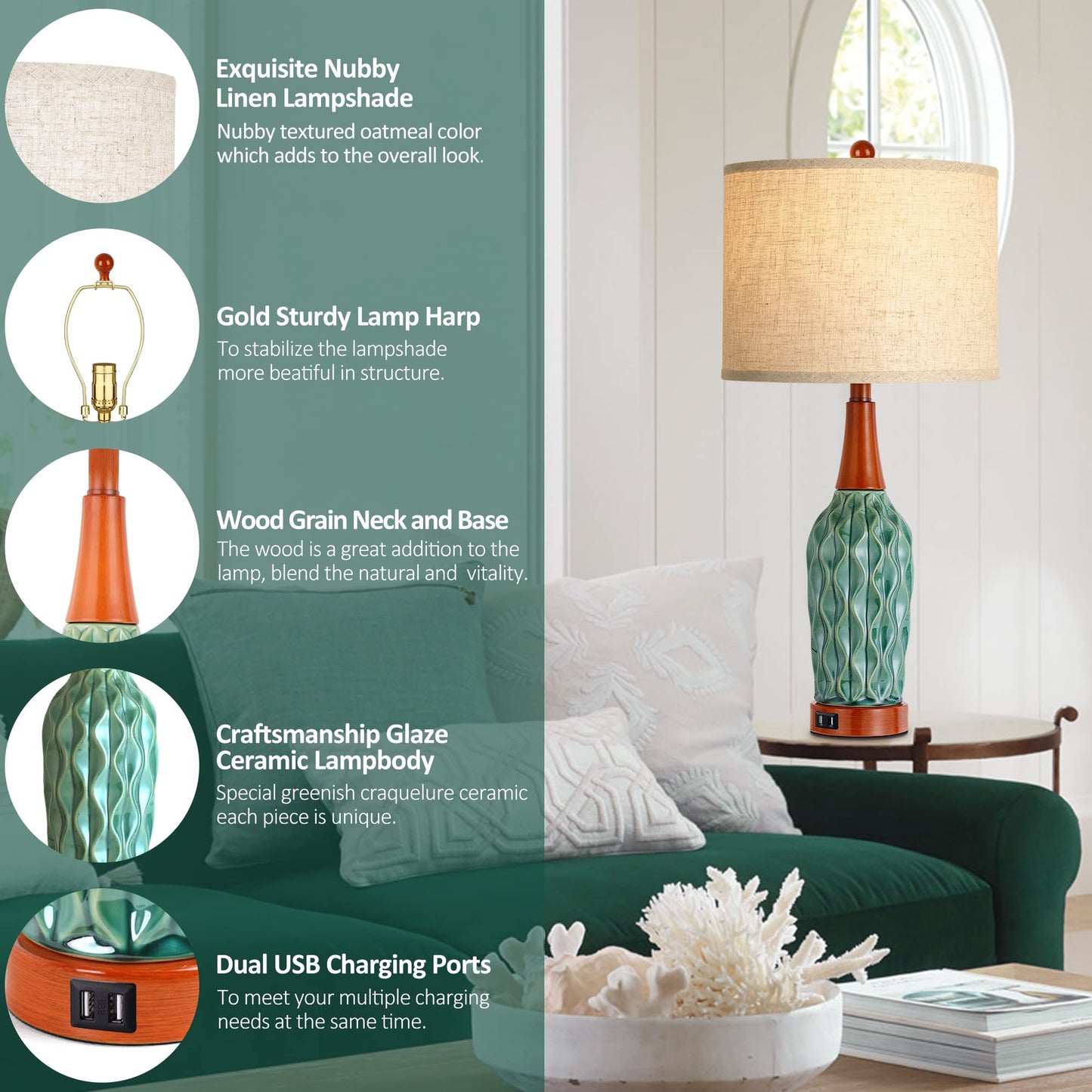CeramicTable Lamps Set of 2 Lamps for Bedroom Living Room Office 26" Rotary Coastal Bedside Lamp for Nightstand with 2 USB Ports 3-Colors