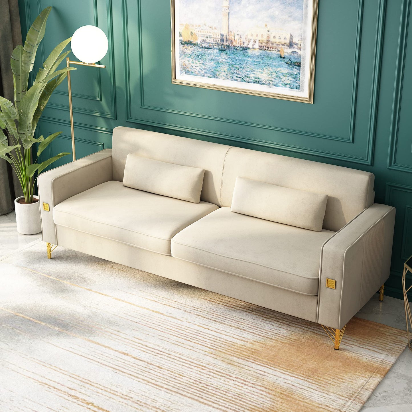 85.63" Velvet Sofa,Modern Loveseat Couch with Pillows Set of 2 for Living Room,Bedroom,Apartment Furniture with Gold Metal Legs (Green)