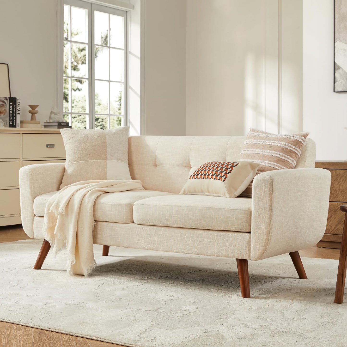Tbfit 65" W Loveseat Sofa, Mid Century Modern Love Seat Couches for Living Room, Button Tufted Upholstered Small Couch for Bedroom, Solid and Easy to Install Love Seats Furniture, Grey