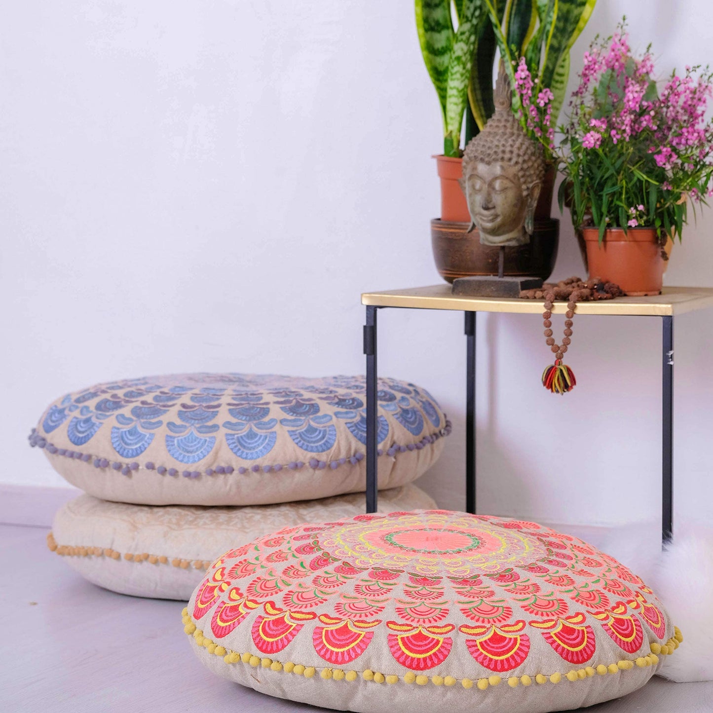 Large Round Floor Pillow Cover Blue Indian Décorative Accent Meditation Cushion Perfect for Living Room, Bedroom, Nursary or Children Room Seating Area Stool Footstool Pouf Ottoman 24x8 Unstuffed