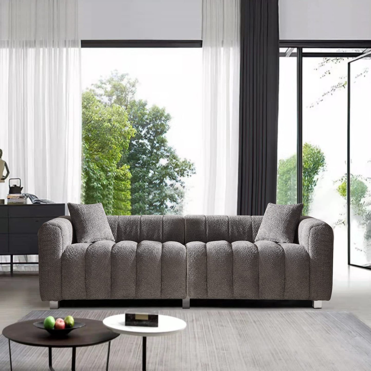 87.4" Modern 3 Seater Boucle Sofa Couch for Living Room, Mid Century Fluffy Couches with Solid Wood Frame and 6 Legs for Bedroom, Apartment, Weight Capacity 750 LBS (White)