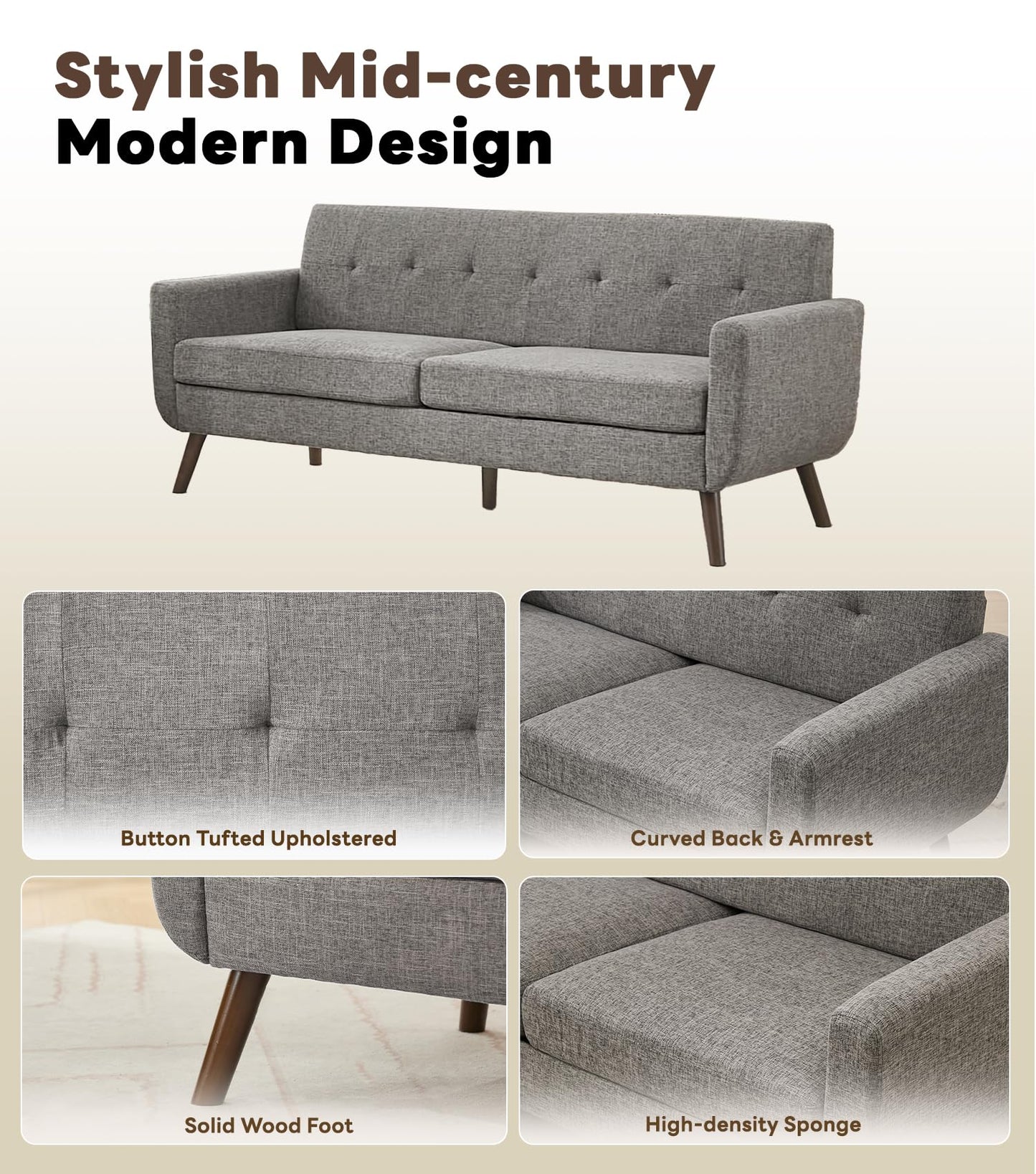 Tbfit 65" W Loveseat Sofa, Mid Century Modern Love Seat Couches for Living Room, Button Tufted Upholstered Small Couch for Bedroom, Solid and Easy to Install Love Seats Furniture, Grey