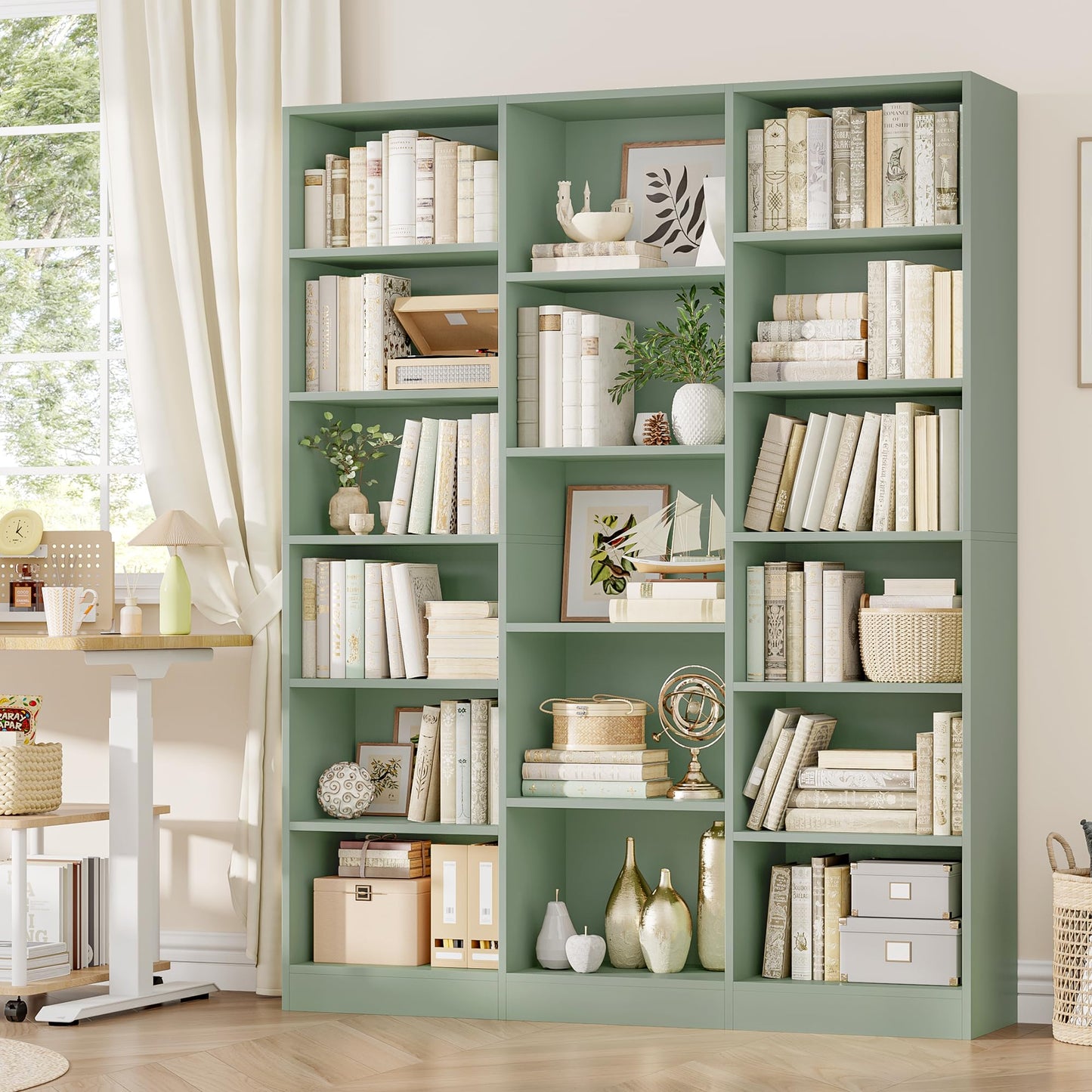Triple Wide Bookshelf, 6 Tier Large Bookshelf, Bookcase with 17 Open Display Shelves, 74'' Tall Bookcases and Bookshelves for Living Room, Home Office, Library, White