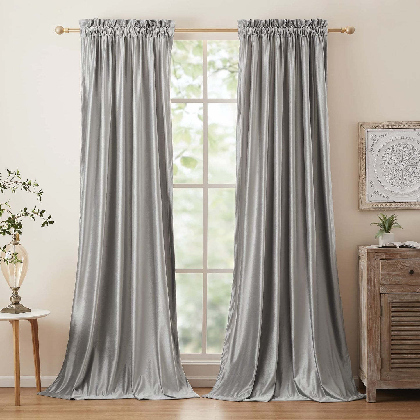 PRIMROSE Velvet Curtains 84 inch for Living Room Champagne Beige Rod Pocket Window Drapes Treatment Semi Room Darkening Decor Curtains for Bedroom Set of 2 Panels