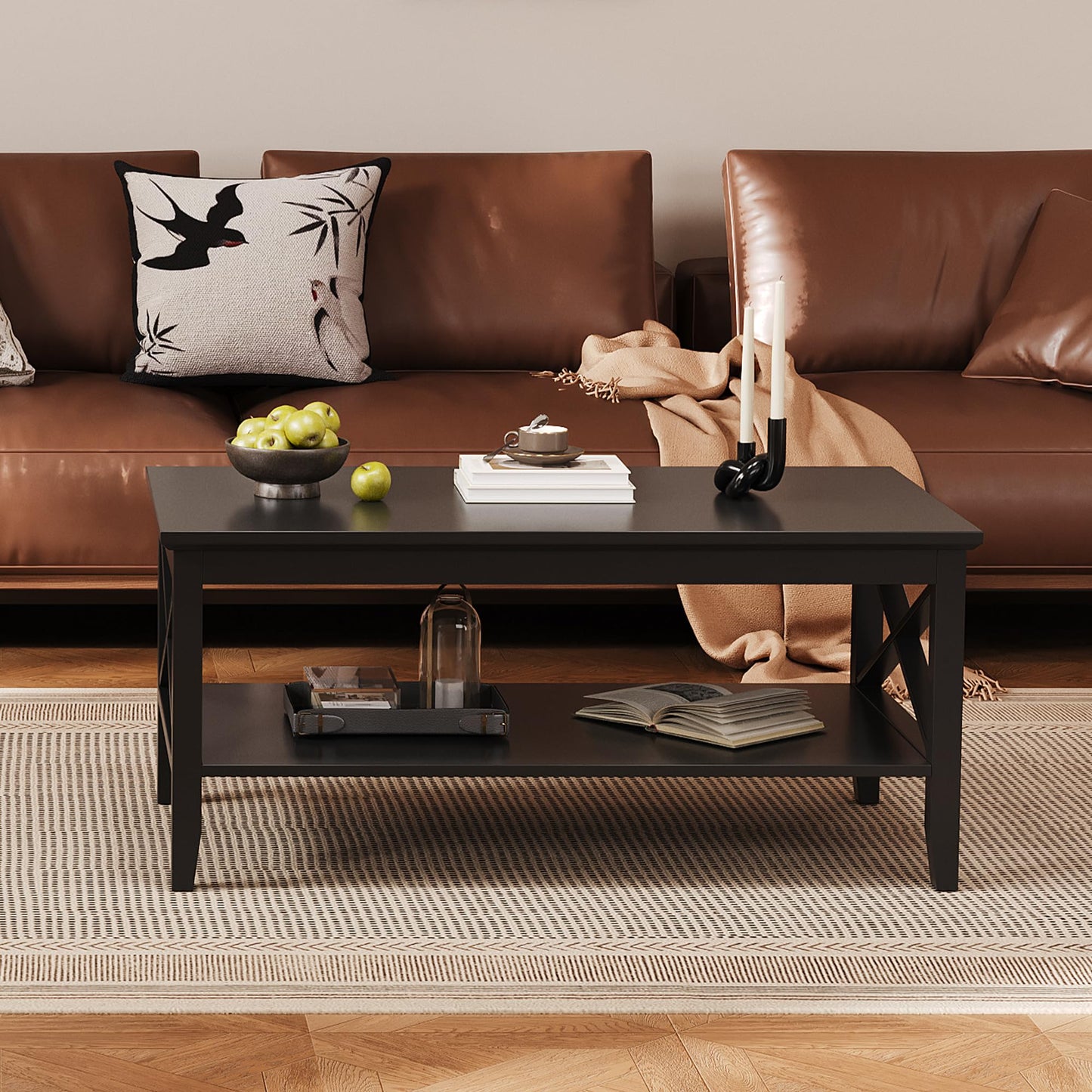 ChooChoo White Coffee Table Classic X Design for Living Room, Rectangular Modern Cocktail Table with Storage Shelf, 39 Inch