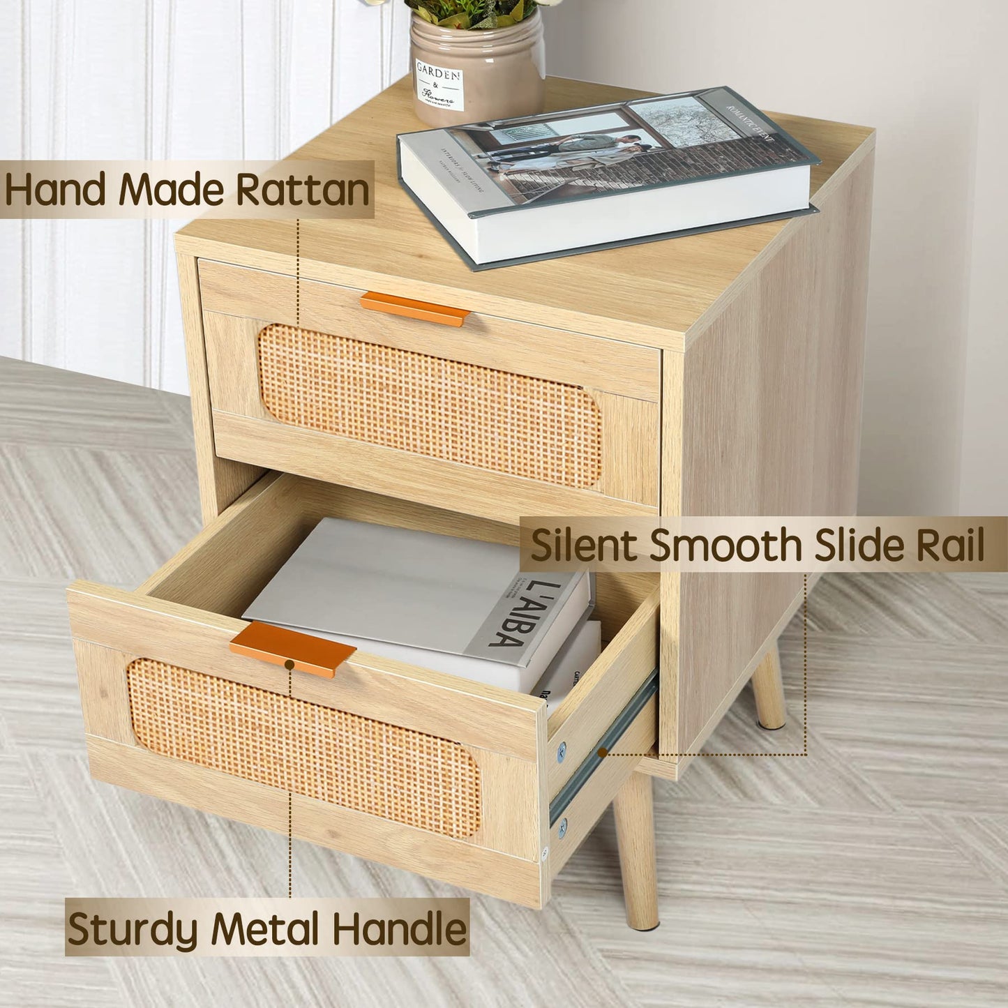 HOPUBUY Nightstands Set of 2 with Rattan Drawer, Modern Night Stand for Bedrooms, Wooden 2 Drawer Bedside Table Side Table for Small Place and Bedroom (Brown, 2 Drawers 2 Pack)