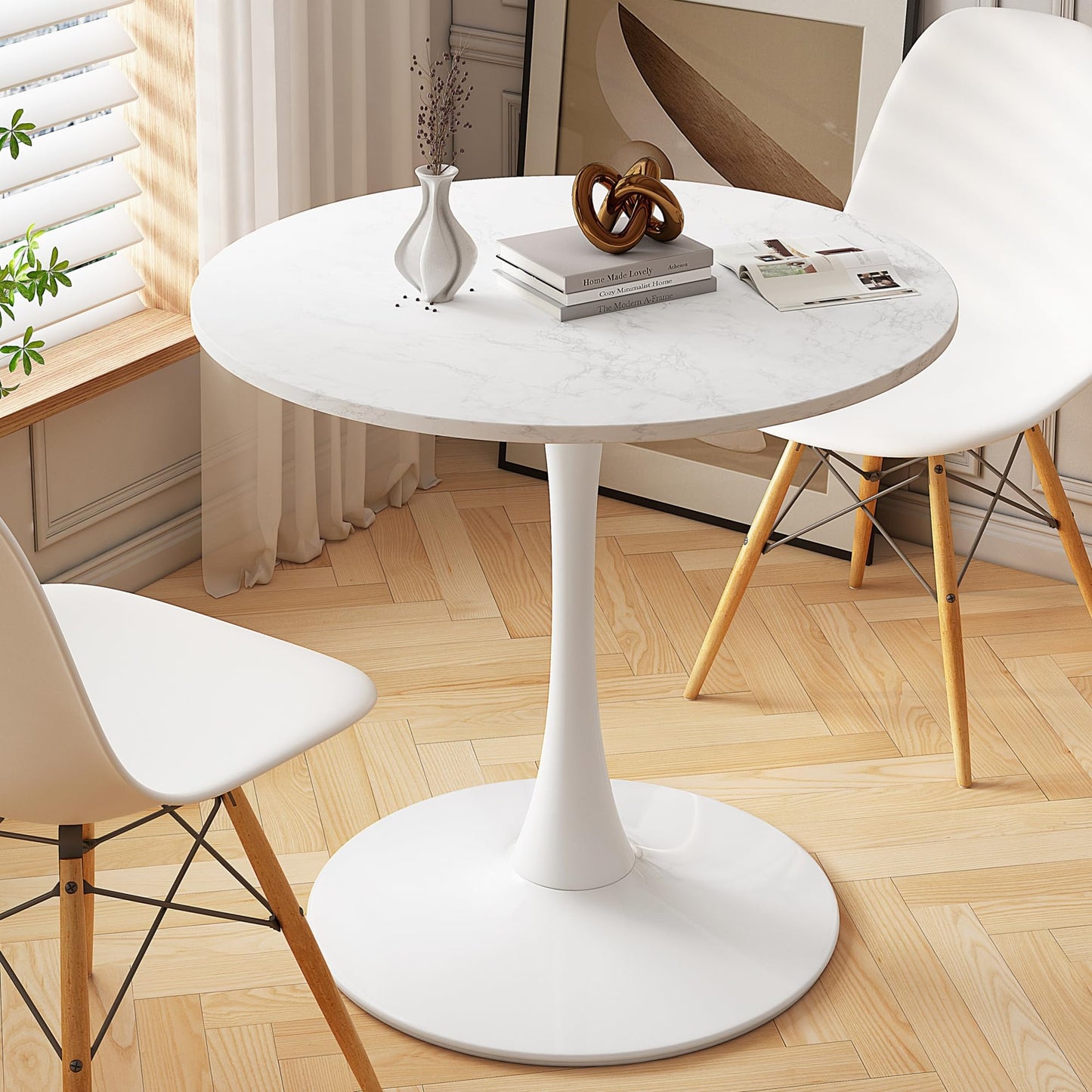 DKLGG 42" Modern Round Dining Table with MDF Top, Metal Base Pedestal Tulip Kitchen Table for 4-6 Person, Small Space Home, End Leisure Coffee Table, White