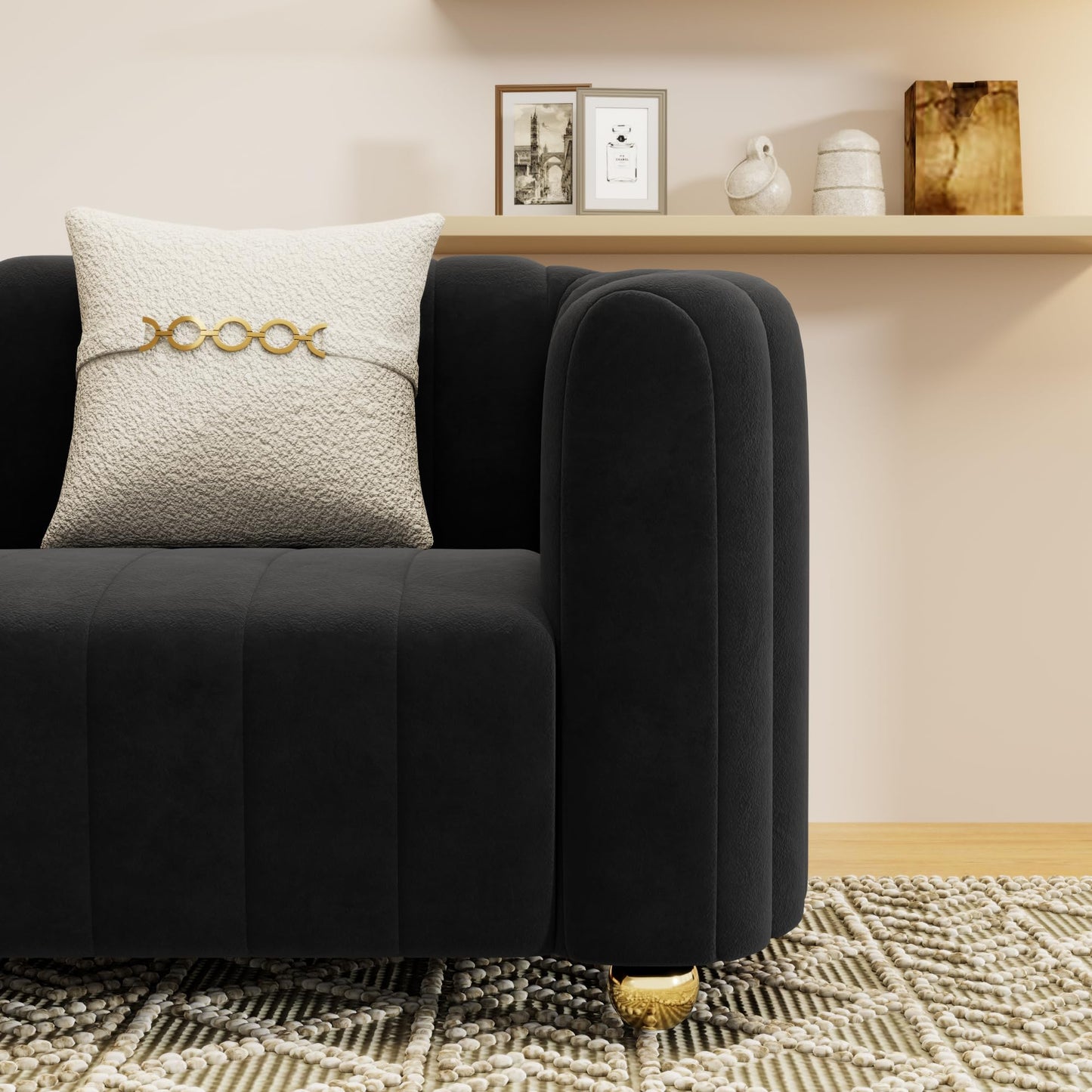 83'' Sofa for Living Room Modern Teddy Short Plush Couch 3-Seater Apartment Sofa with 2 Pillows & Golden Metal Legs