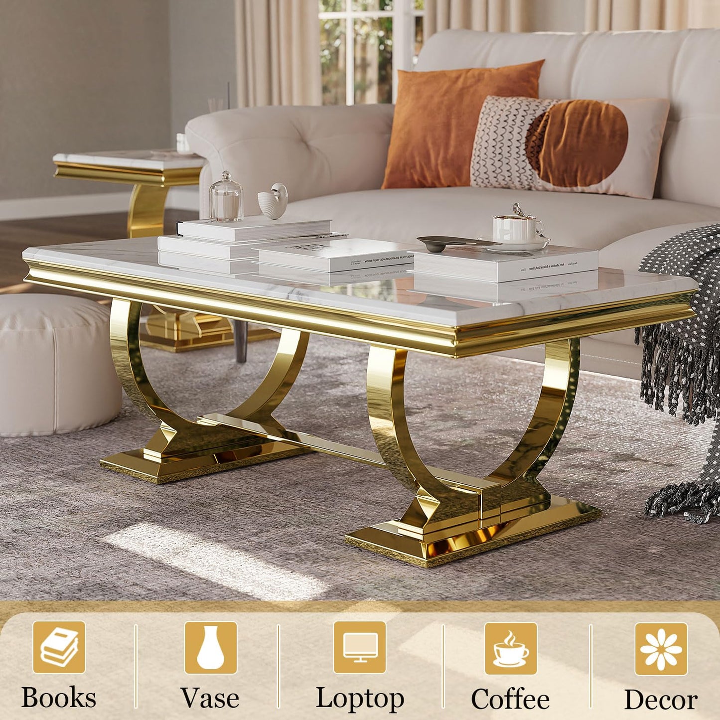 Asday Gold and White Coffee Table, Rectangle Marble Living Room Tea Table, Elegant Coffee Table for Living Room, Guest Hall, Reception Room