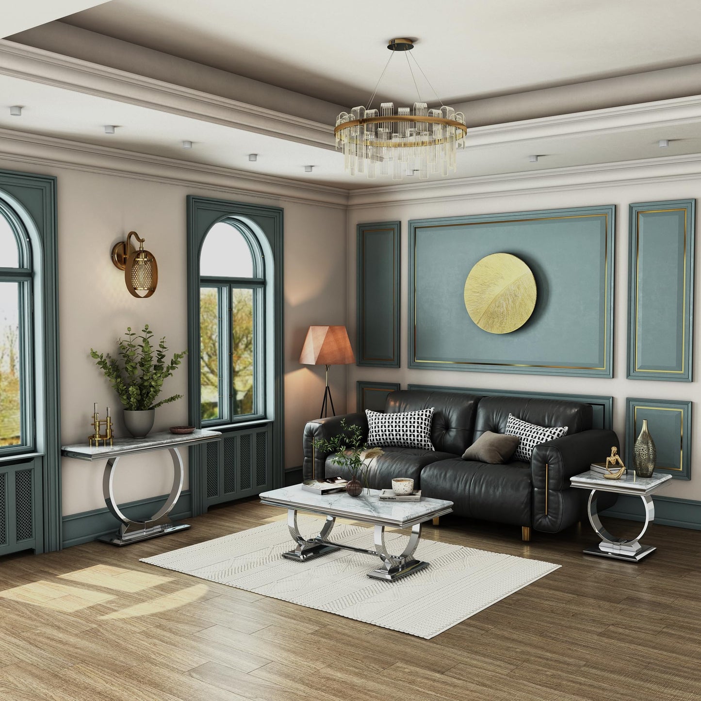 Asday Gold and White Coffee Table, Rectangle Marble Living Room Tea Table, Elegant Coffee Table for Living Room, Guest Hall, Reception Room