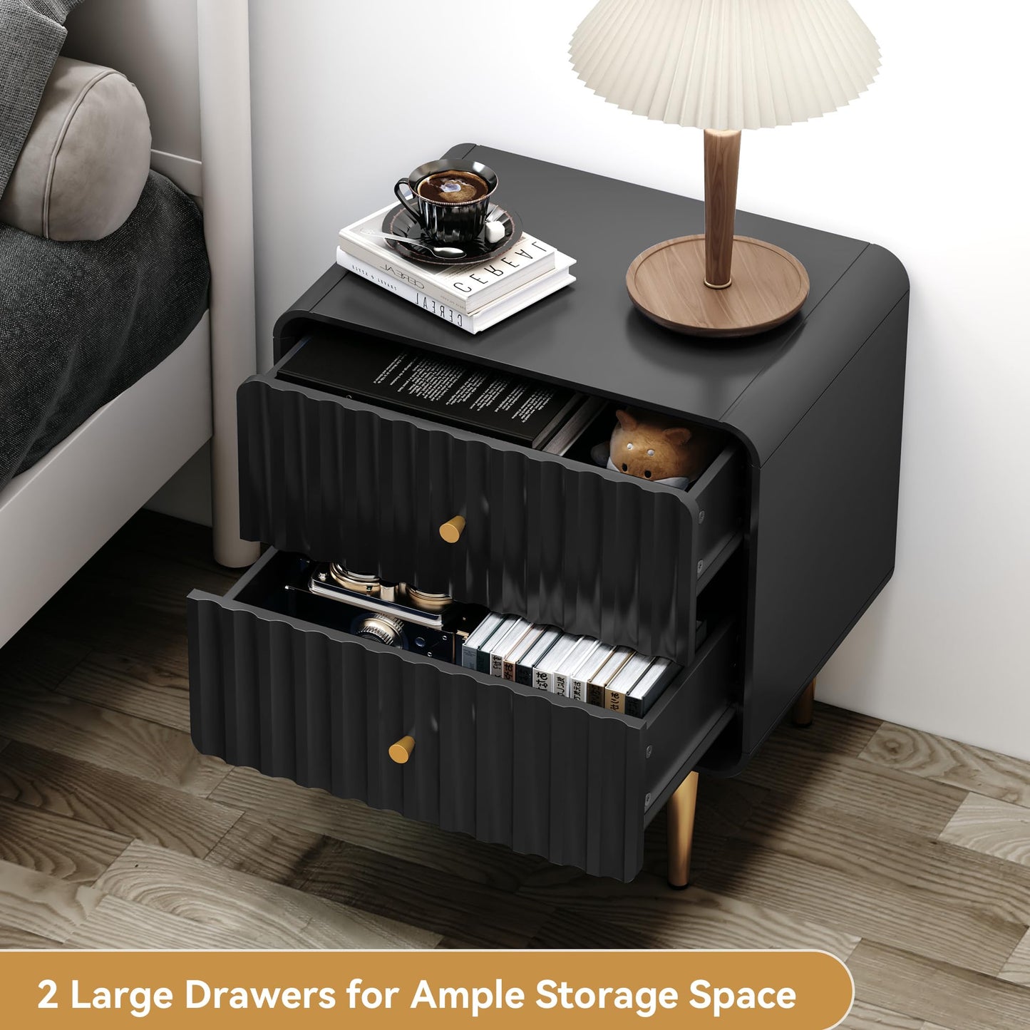 HLR Modern Nightstand Set of 2, Fluted Bed Side Table with 2 Drawers Storage, Wood End Table with Gold Metal Handle, White Night Stands for Bedroom