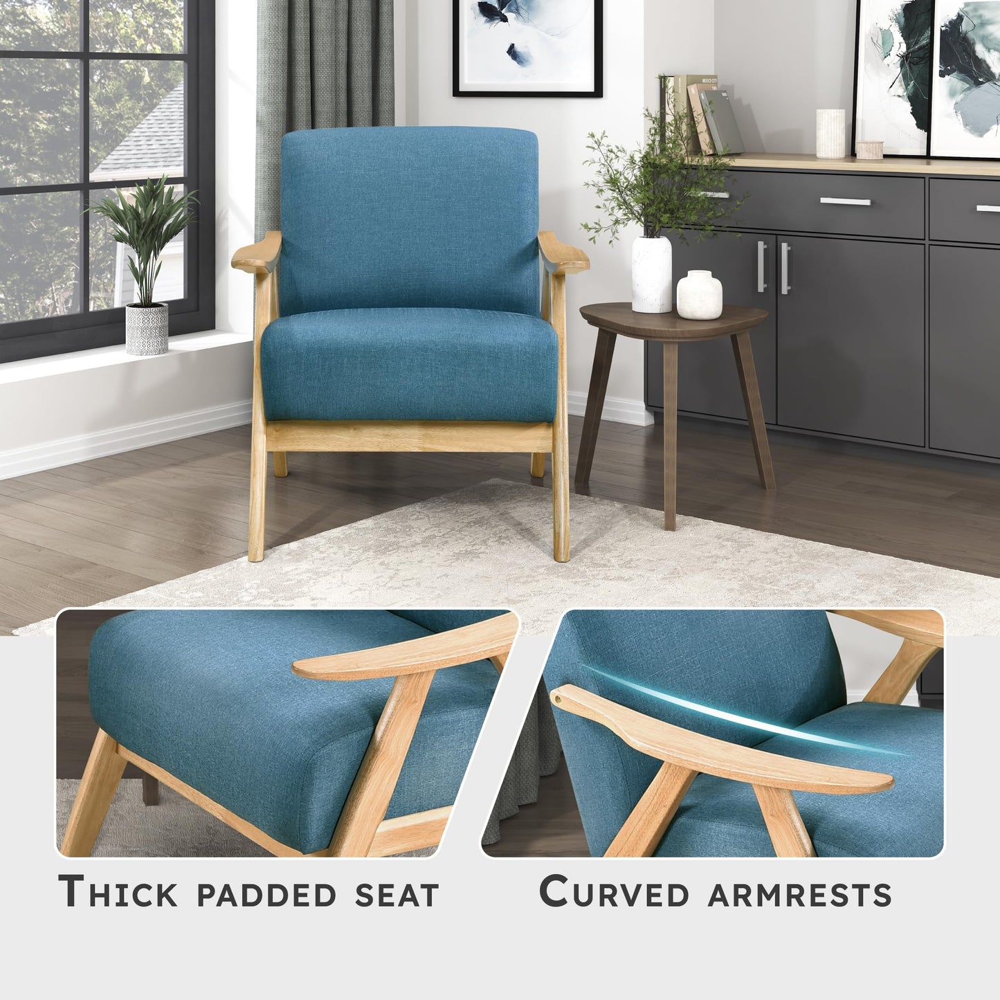 Lexicon Mid Century Modern Accent Chair with Solid Wood Frame in Walnut Finish, Upholstered Living Room Lounge Arm Chair, Thick and Comfy Innerspring Seat Cushion, Linen-Look Fabric, Gray