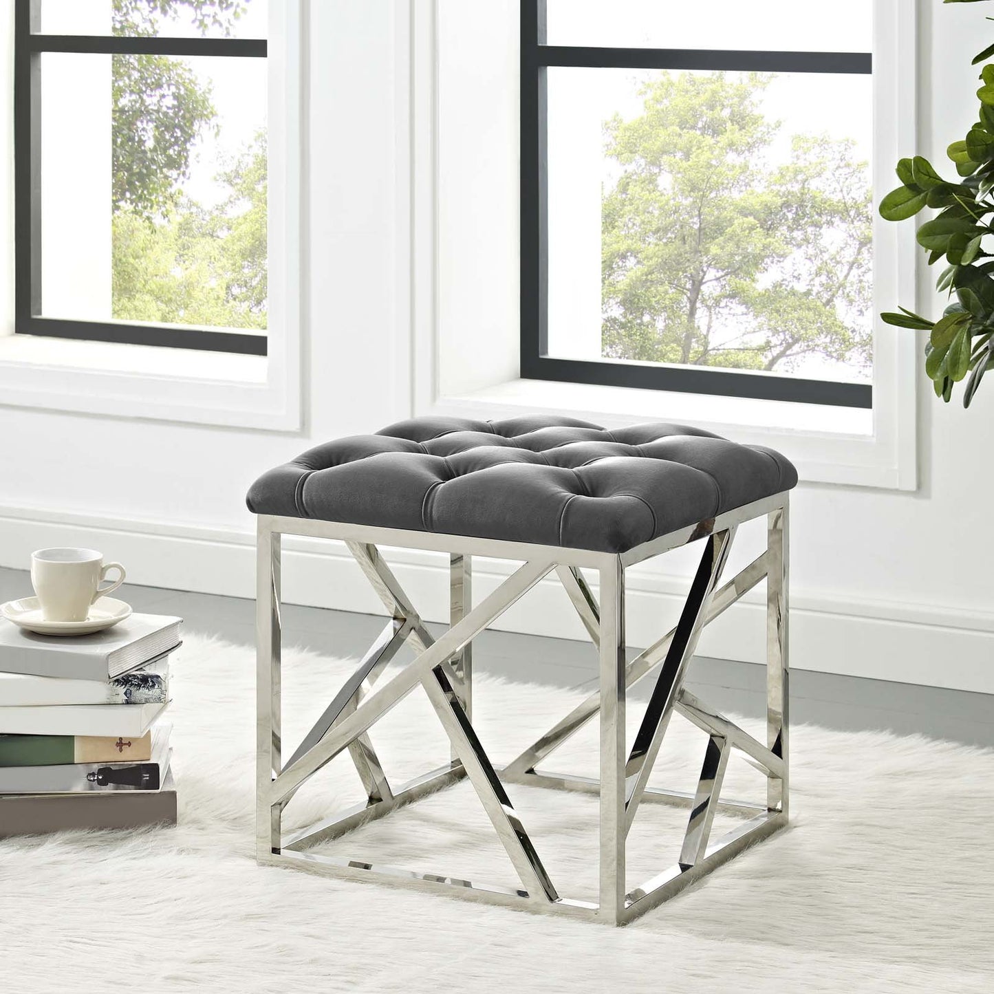 Modway intersperse Button-Tufted Contemporary Modern with Metallic Frame, Bench, Silver Gray
